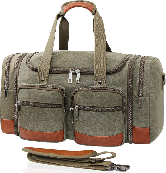Canvas Duffle Bag For Travel, 50L Expandable Carry on Overnight Travel Duffel Bags with Laptop Compartments Weekend Gym Bag for Men(Green)