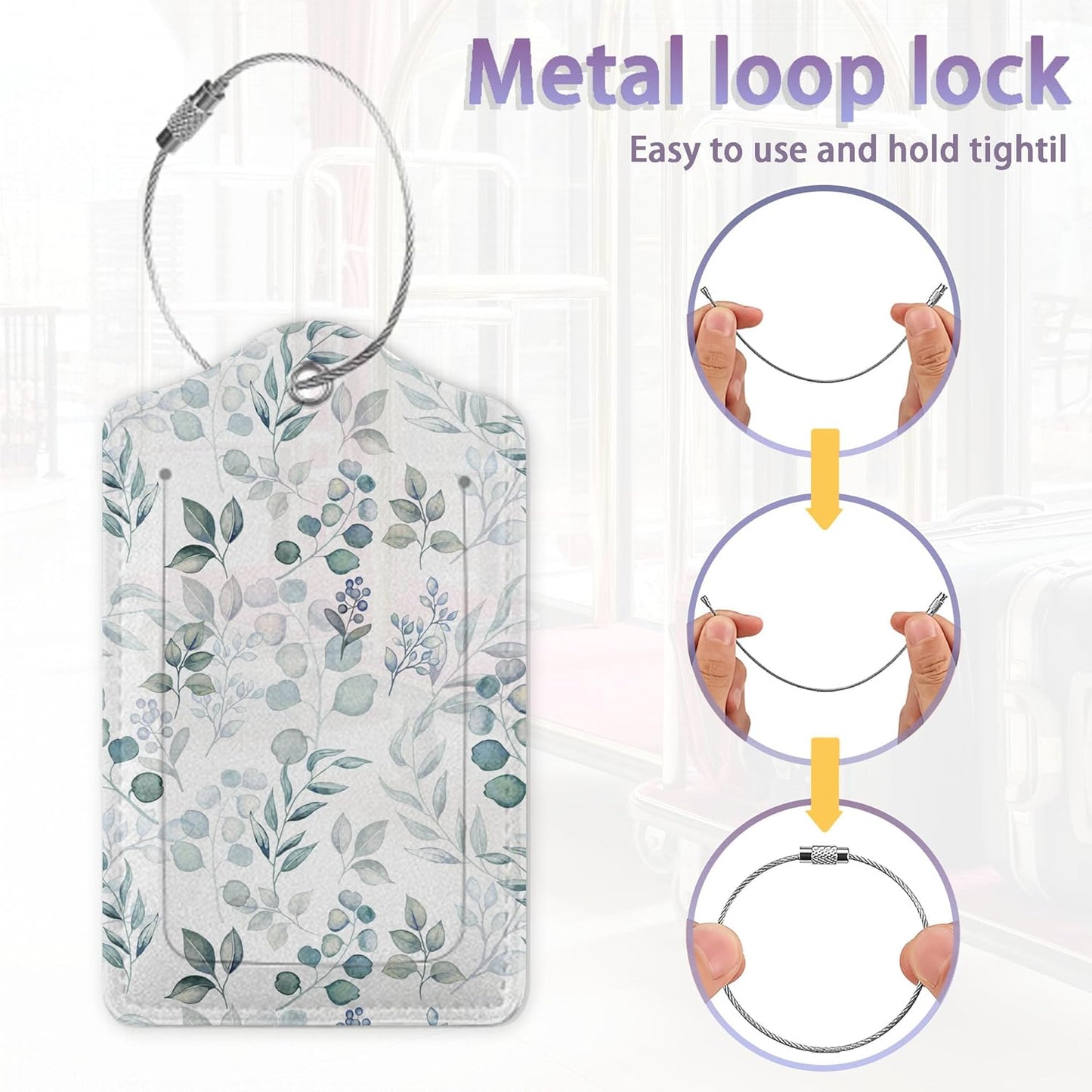 2Pcs Luggage Tag for Suitcase Sage Grey and Green Leaves Cute Suitcase Tag with Privacy Flap & Name ID Label & Metal Loop,Travel Bag Luggage Tags for Women