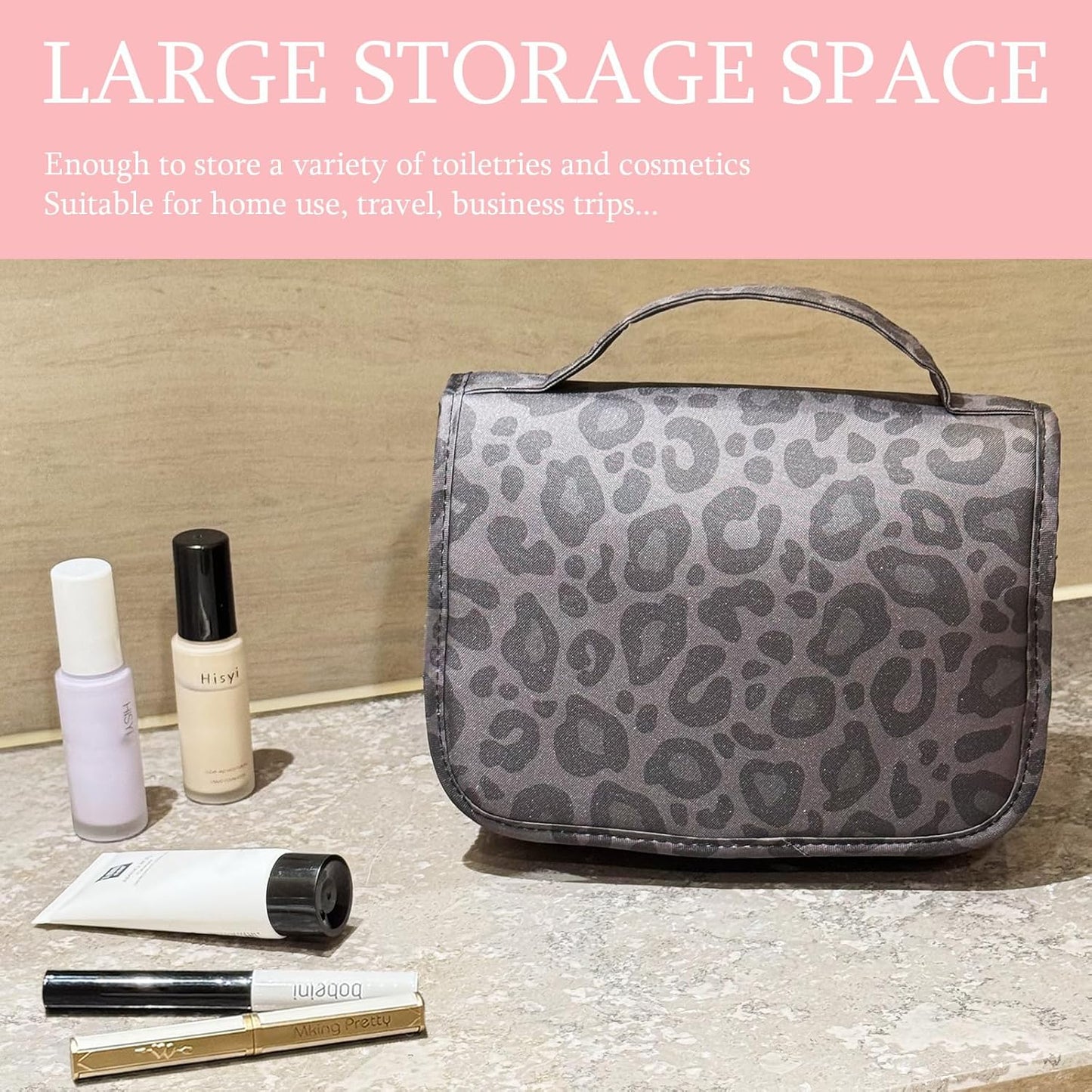 Crazy Bison Hanging Travel Toiletry Bag Kit Makeup Bag Cosmetics Organizer for Men Women (Black Leopard)