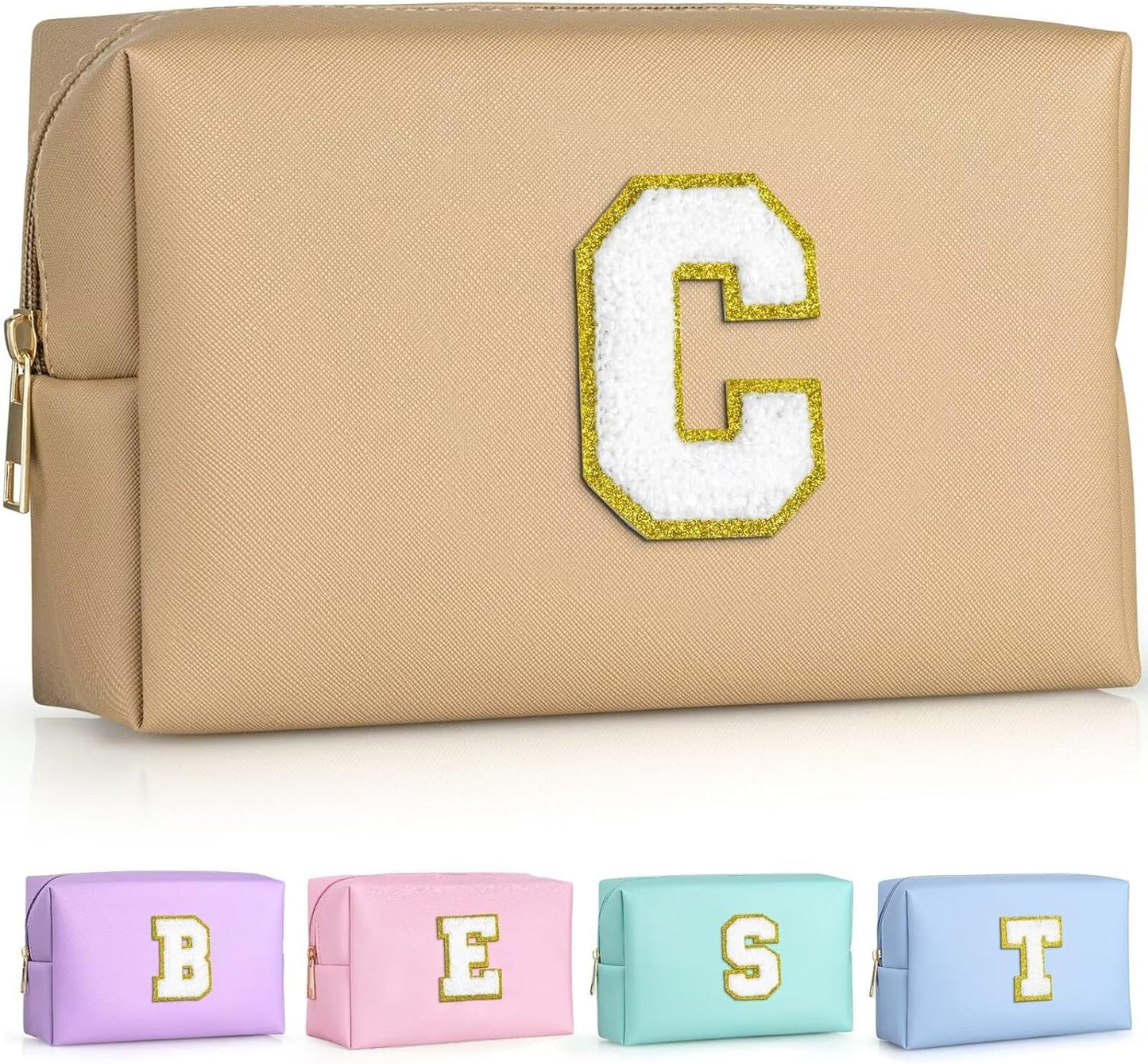 TOPEAST Gifts for Friends Female Mom, Cute Makeup Bag Small Pink Cosmetic Bag Travel Toiletry Bag, Personalized Birthday Gift for Women Girl, Preppy Travel Stuff for Girls (Khaki C)