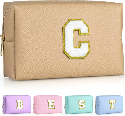 TOPEAST Gifts for Friends Female Mom, Cute Makeup Bag Small Pink Cosmetic Bag Travel Toiletry Bag, Personalized Birthday Gift for Women Girl, Preppy Travel Stuff for Girls (Khaki C)