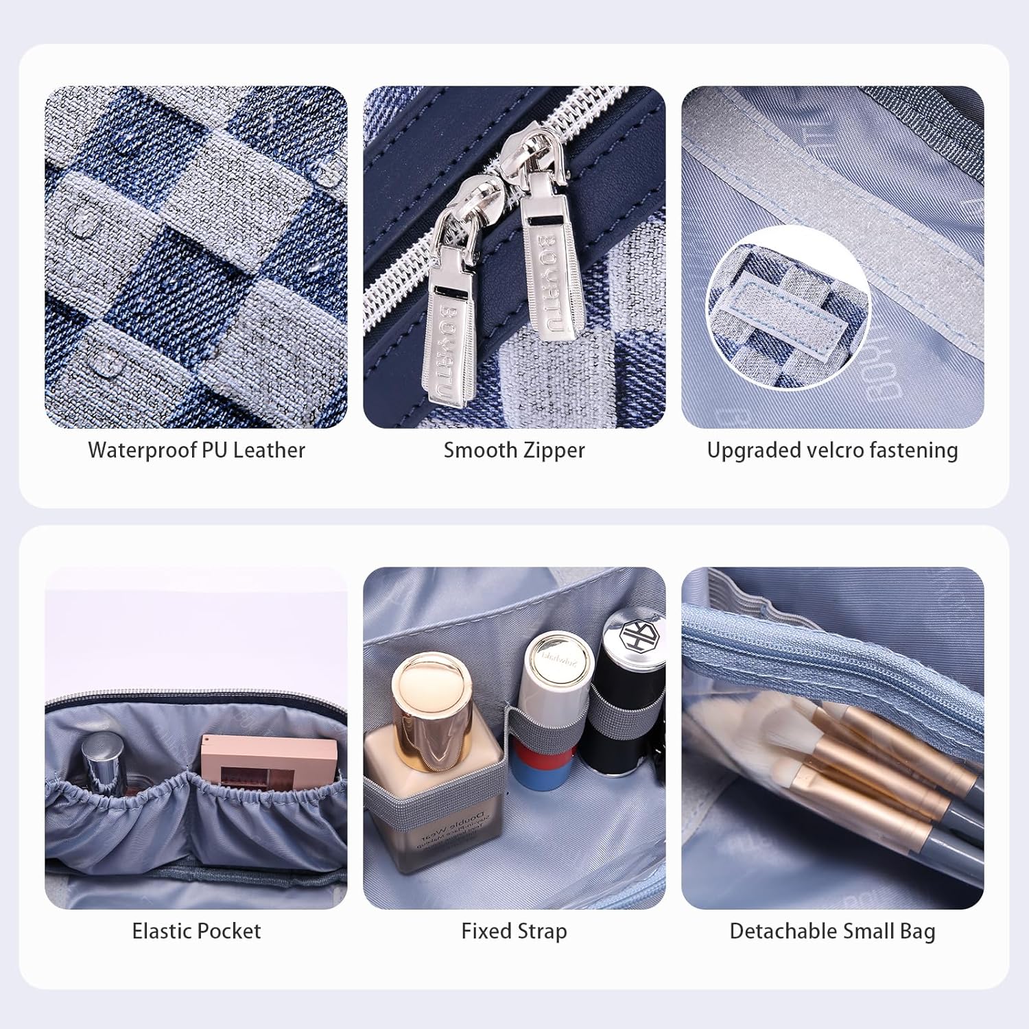BOYATU Travel Makeup Bag for Women: Large Cosmetic Bag Set of 3 - PU Leather Make up Bag with