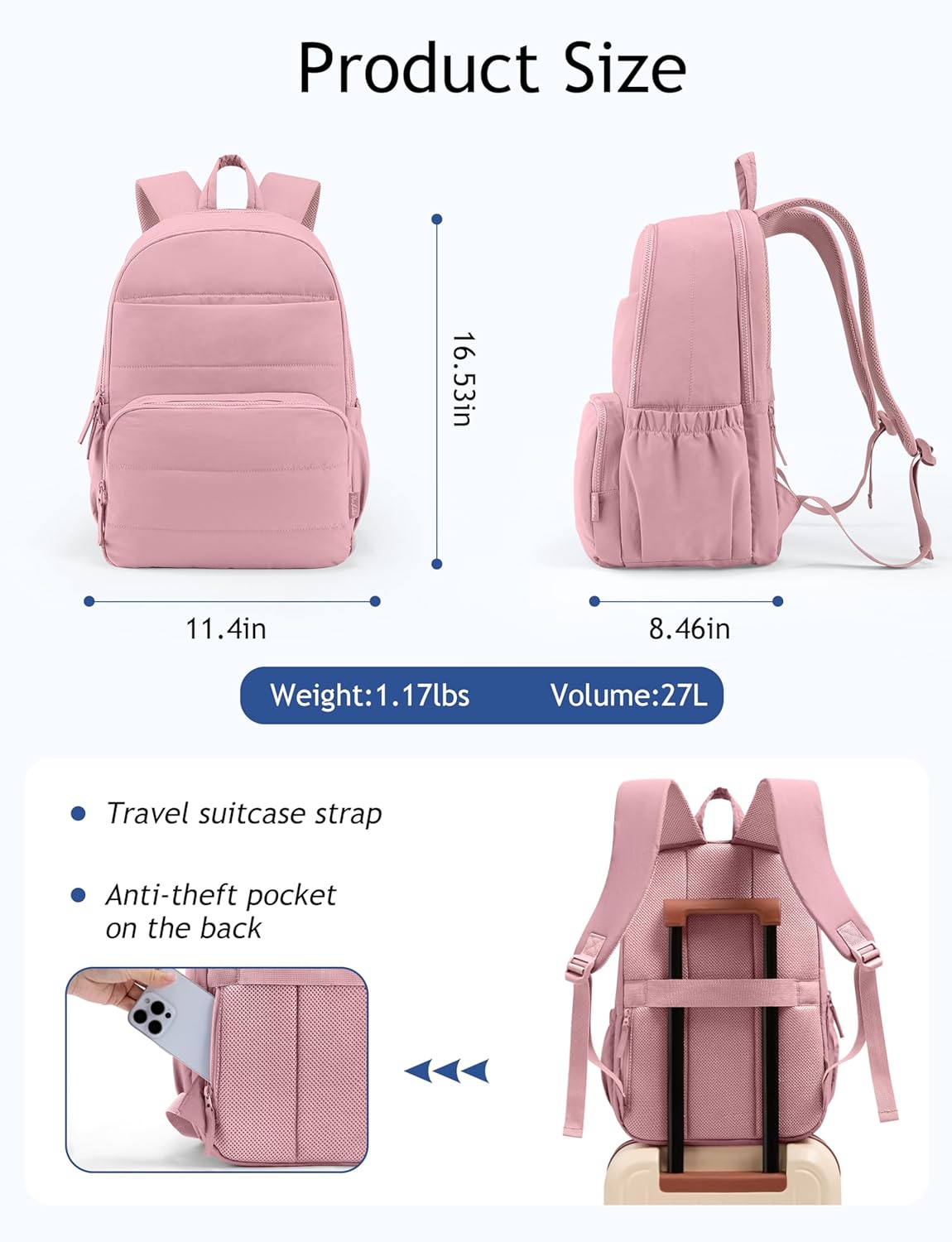 Travel Backpack for Women, 15.6 Inch College Laptop Backpack, Water Resistant Work Backpacks, Cute Quilted Bookbag