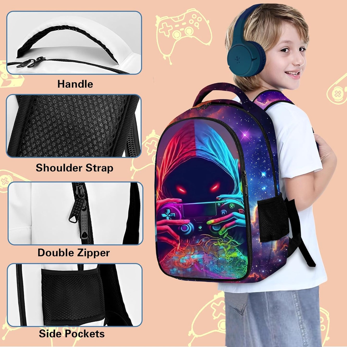 Game Backpack Set for Boys, Gaming Backpack 3 Pack, Boys Lunch Box, and Pencil Bag for Kids, 17"