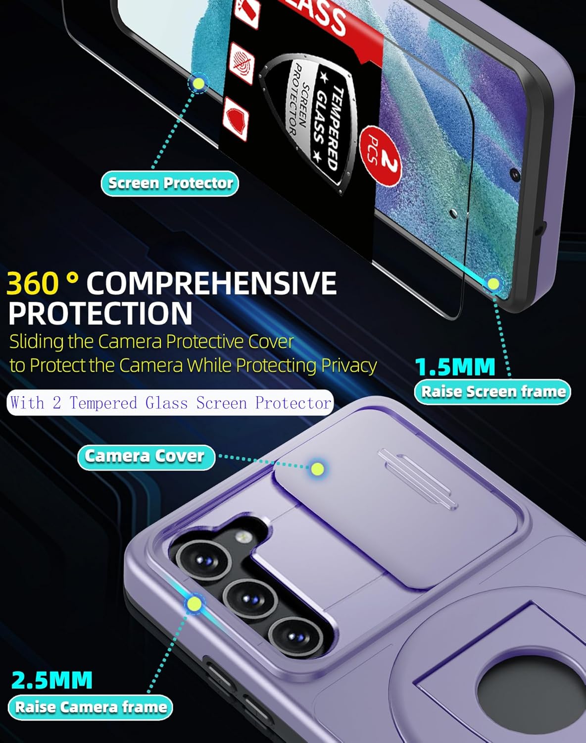 for Samsung Galaxy s21FE Case Magnetic Compatible with MagSafe Wireless Charging,with 2 Screen Protectors,Built-in Stand Ring+Camera Cover Anti-Scratch Shockproof Heavy Duty Protection Purple
