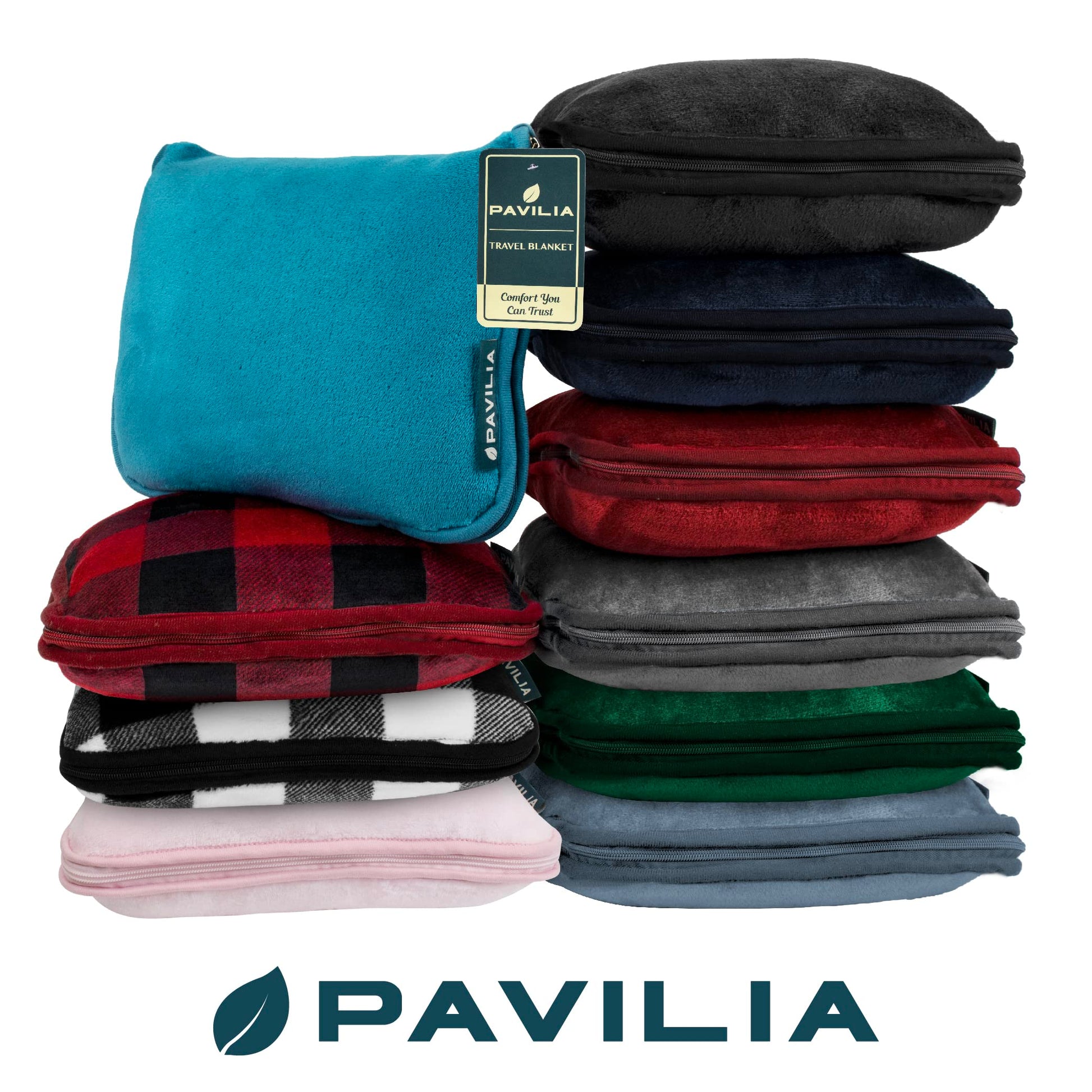 PAVILIA Travel Blanket Pillow, Soft Airplane Blanket 2-IN-1 Combo Set, Plane Blanket Compact