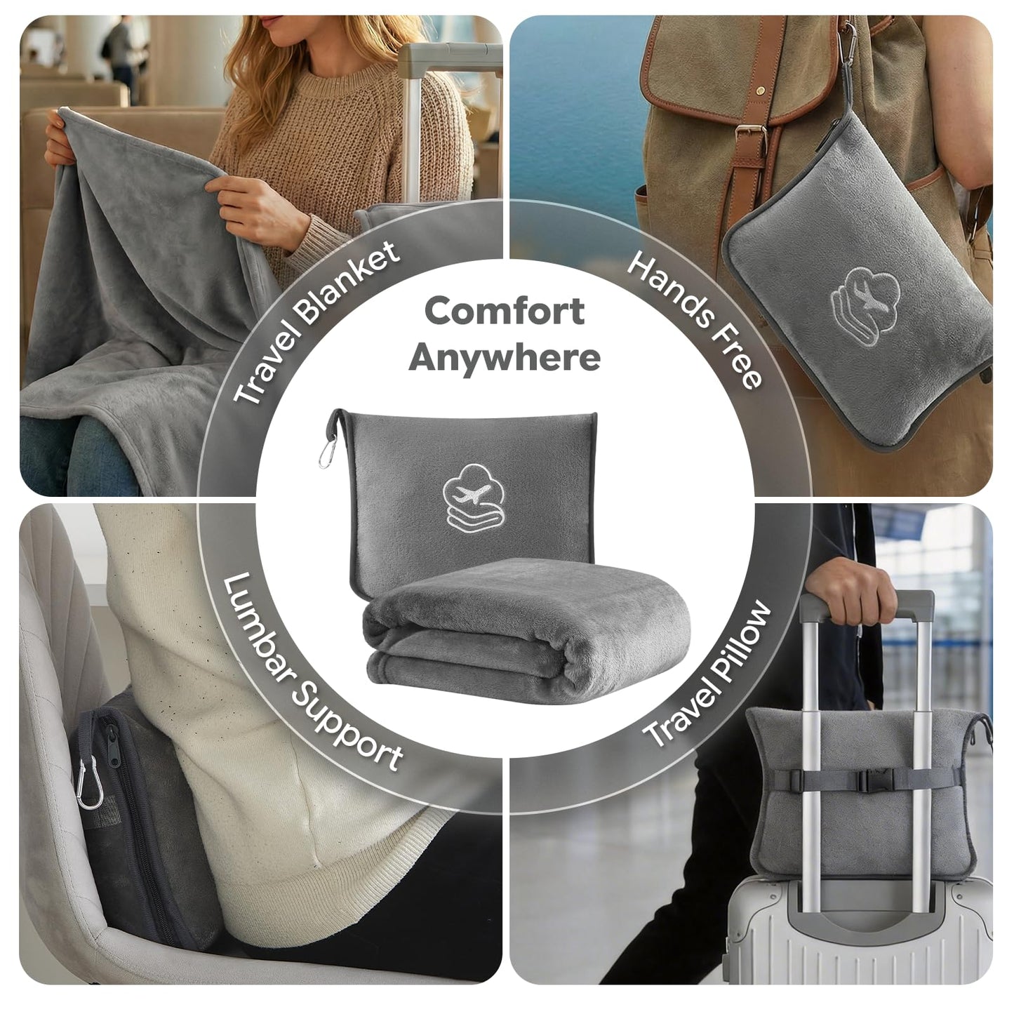 PEUJEW Travel Blanket, Soft 2-in-1 Airplane Blanket, 65x40 Inches, Travel Blanket Airplane Compact