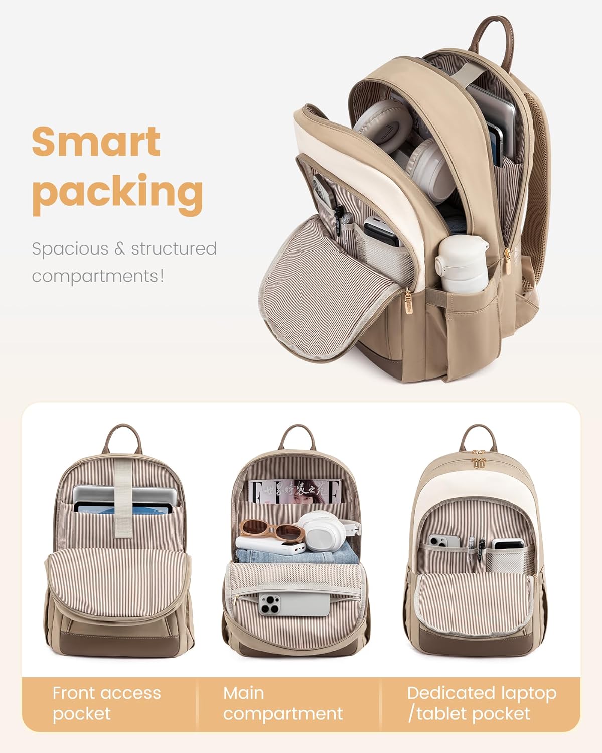 LOVEVOOK Laptop Backpack for Women, 15.6 inch Waterproof College Backpack Woman with Laptop Compartment Computer Bag Travel Backpack Purse, Large Black Computer Daypack for Work Casual, Beige Khaki
