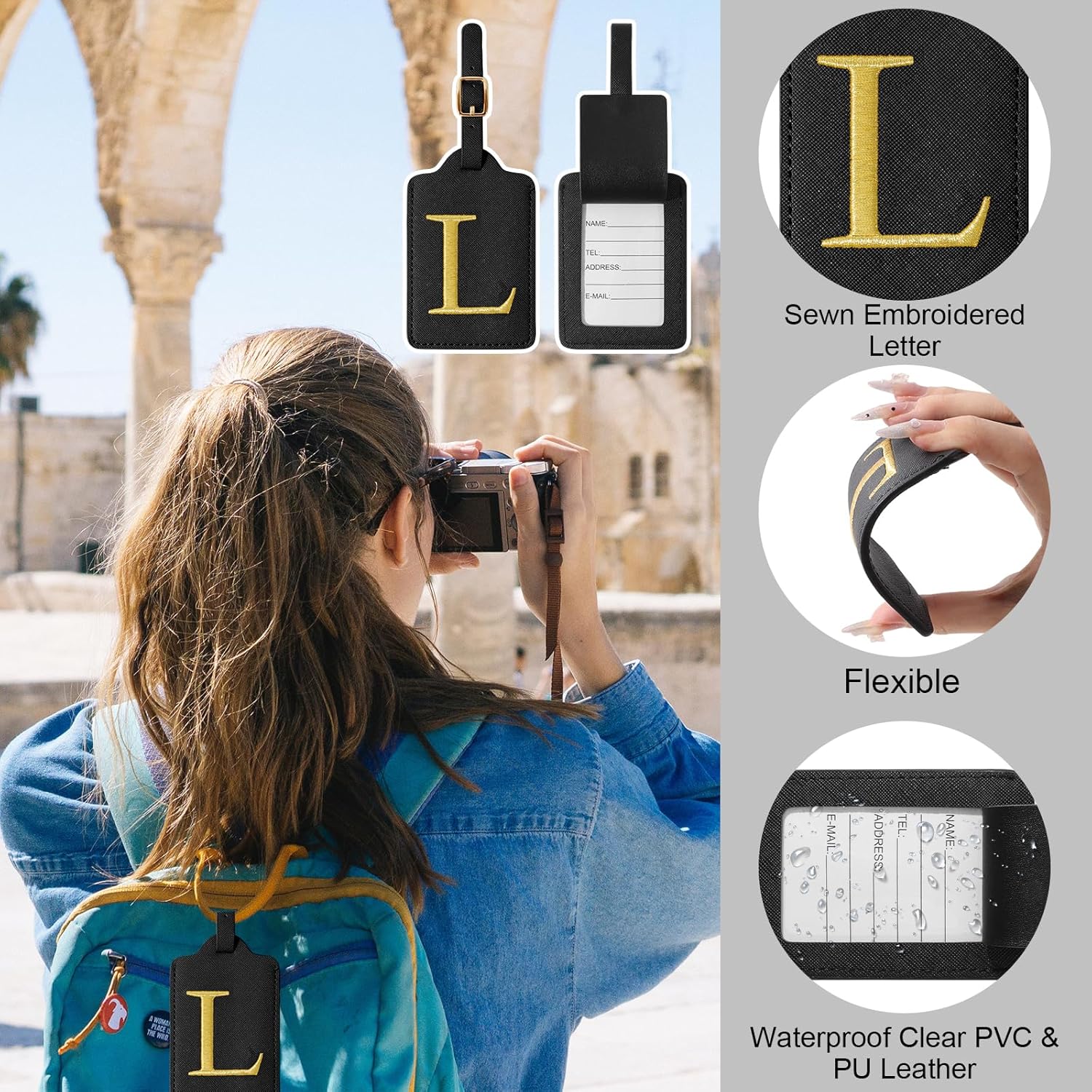 Personalized Initial Luggage Tags for Suitcases, Cute PU Leather Embroidered Letter Travel Luggage