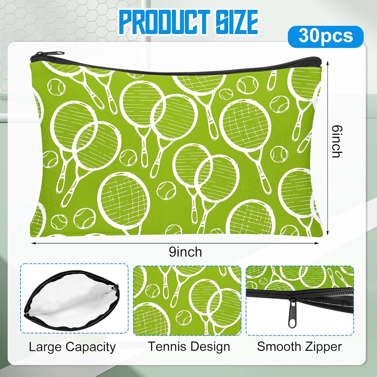 30Pcs Tennis Makeup Bag Tennis Gifts for Women Canvas Cosmetic Bags with Zipper Inspirational Travel Toiletry Pouch Tennis Accessories for Sports Lover Players Coach Christmas Team Gift