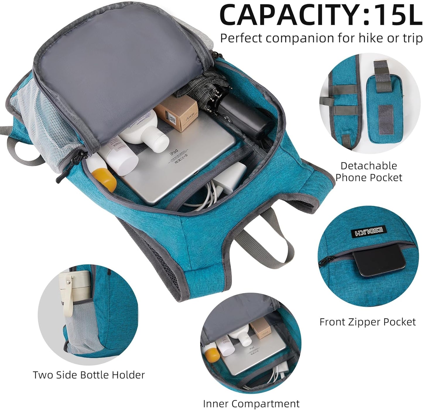 Small Hiking Backpack with Detachable Front Phone Holder, Foldable Packable Back pack with Chest and Waist Strap, Lightweight Daypack for Women Men (Blue, 15L)