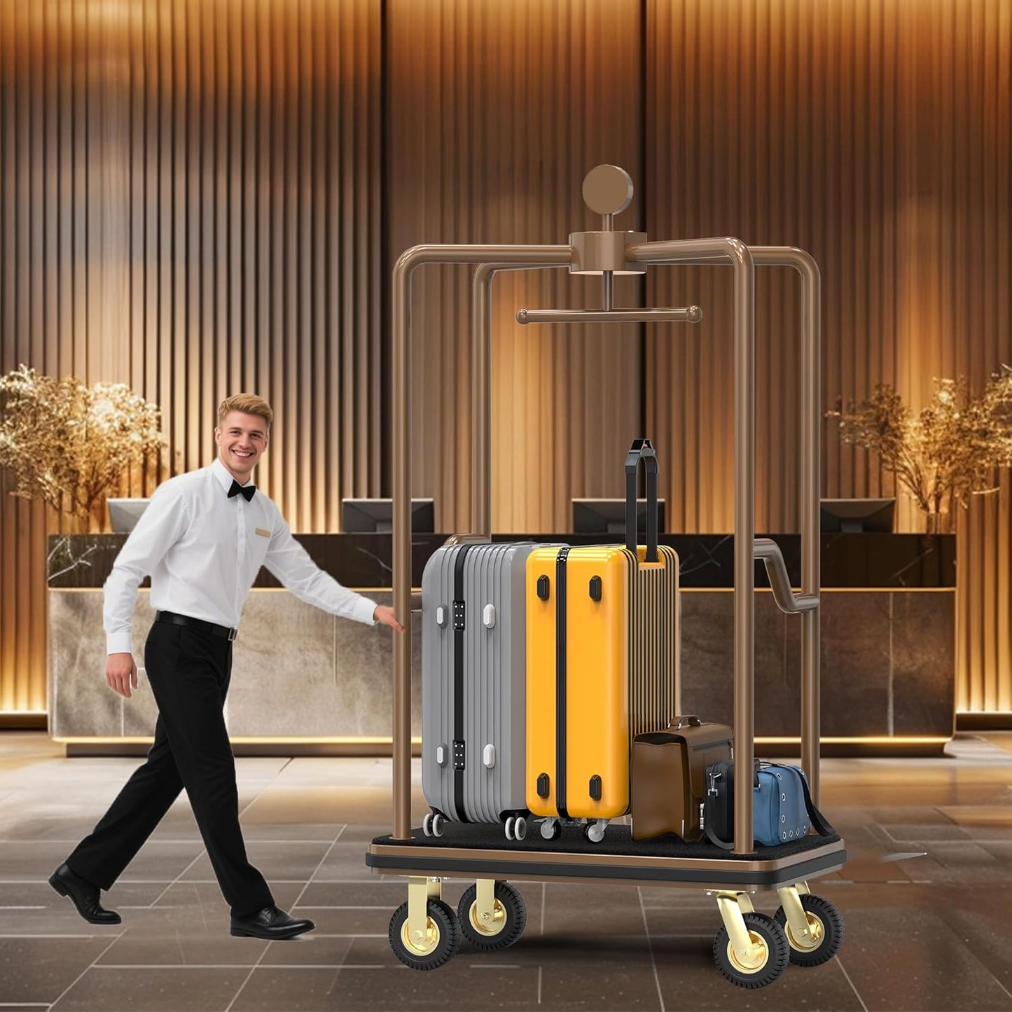 Hotel Luggage Cart,1500 lbs Bellman Trolley, 47"x25"x77" Brushed Stainless Steel, 8" Silent Rubber Pneumatic Wheels, Nylon Carpet Deck Bumper Rails – for Hotels, Resorts & Condos (Round top)
