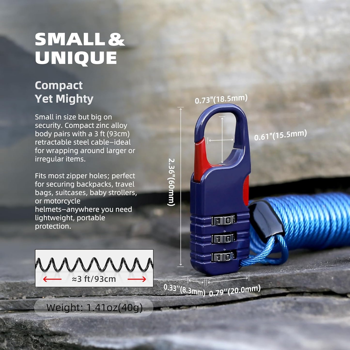 Thin Cable Locks with Combination, Small Bike Lock with Retractable Cable & Combo Padlock, for Travel Luggage, Suitcases, Backpack, Bags, Bicycle, Scooter, Motorcycle Helmet Anti Theft