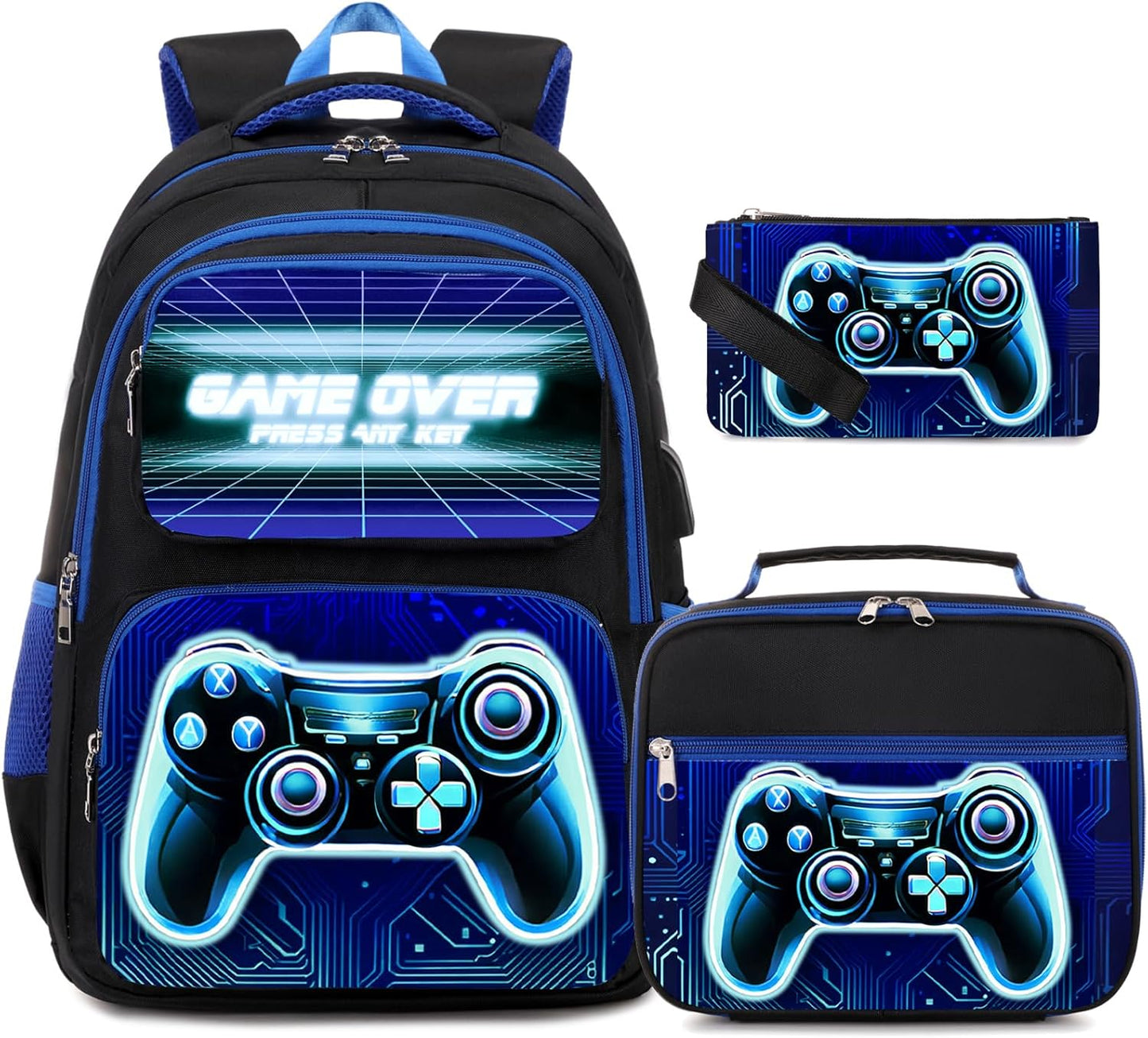 Bevalsa Backpack for Boys, School Bags for Kids, Bookbag for Boys Girls Children Teens Backpacks for Elementary Middle High school Student, Bookbag and Lunch Bag Set with USB Charging Port (Blue)