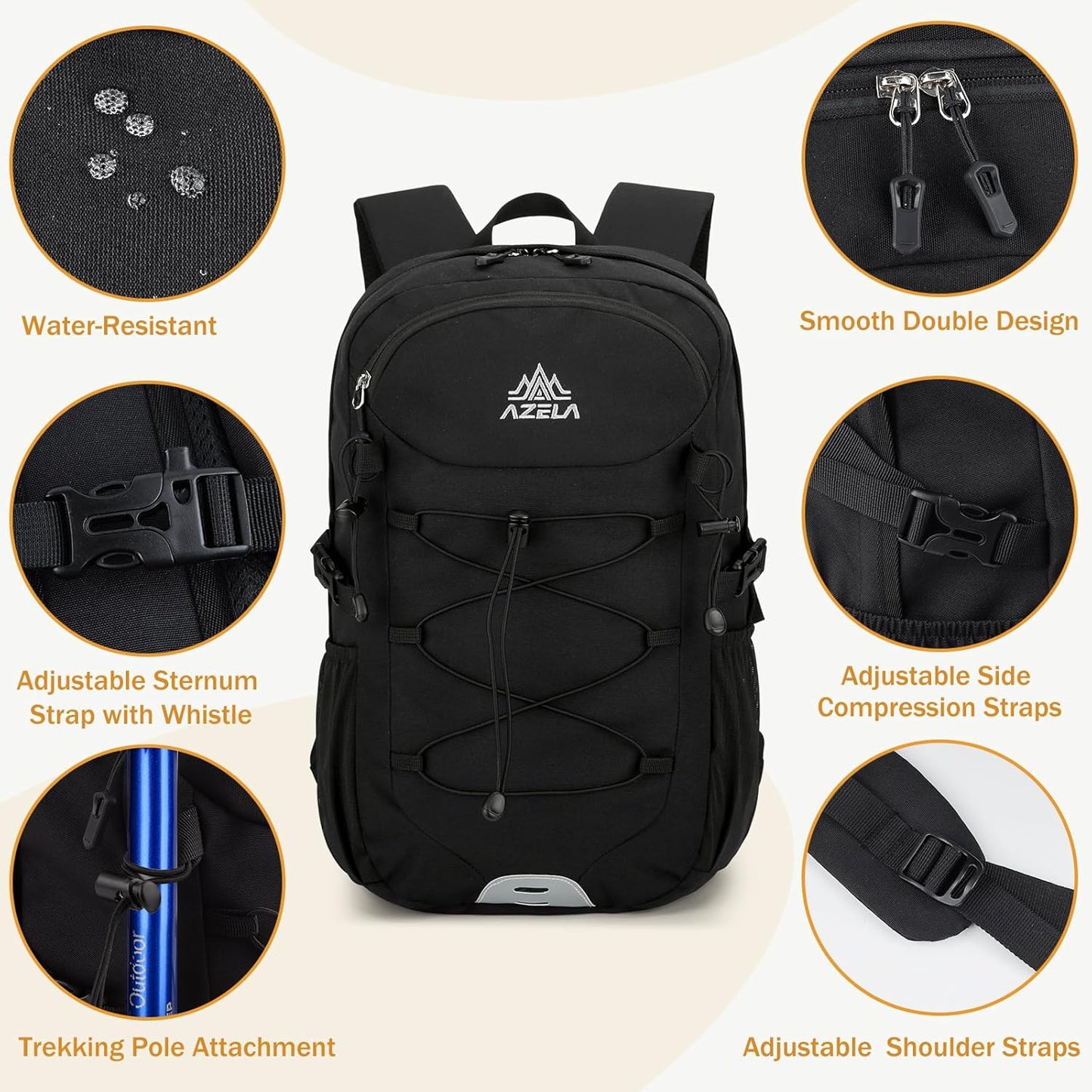 GES 30L Hiking Backpack Lightweight Water Resistant Daypack with Rain Cover & Laptop Compartment for Travel, Camping, trekking, Work(Black)