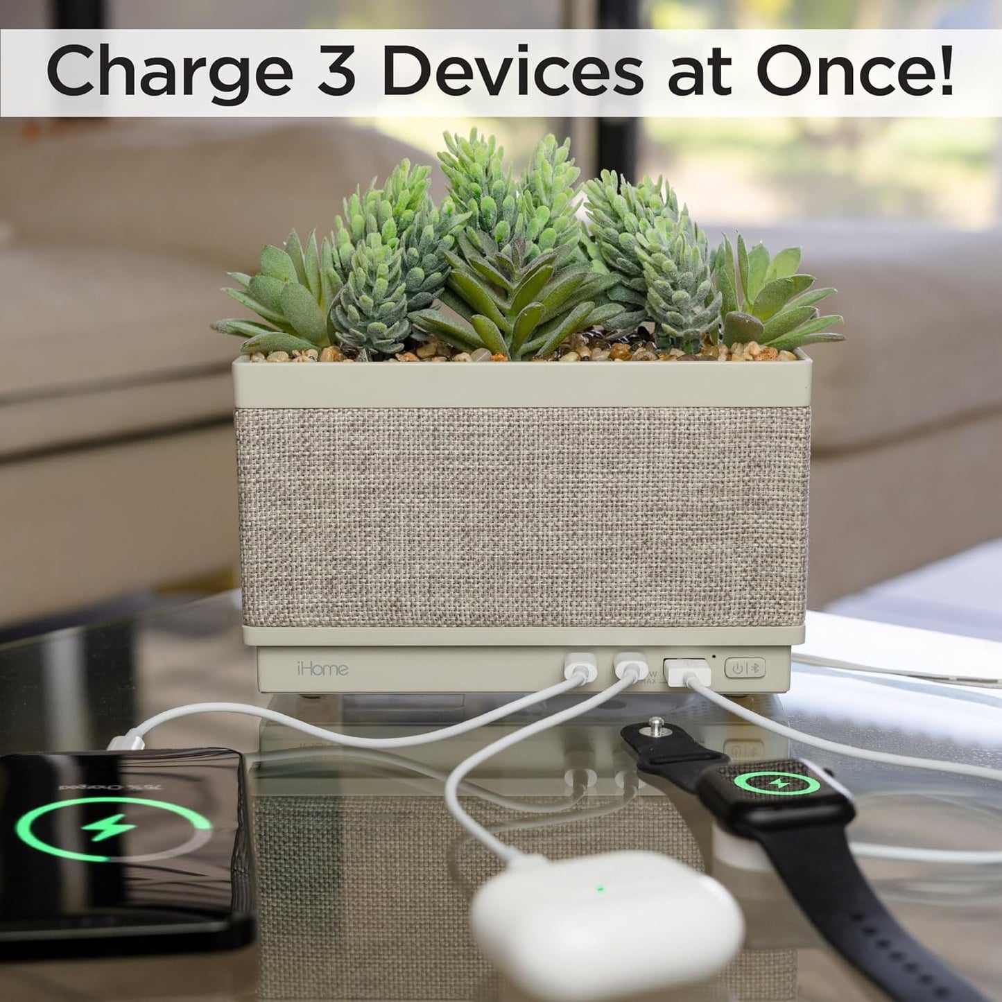 iHome PowerPlant Charging Station with Bluetooth Speaker, Faux Succulent with USB Charging Station for iPhone, Android, and More (iPP60)