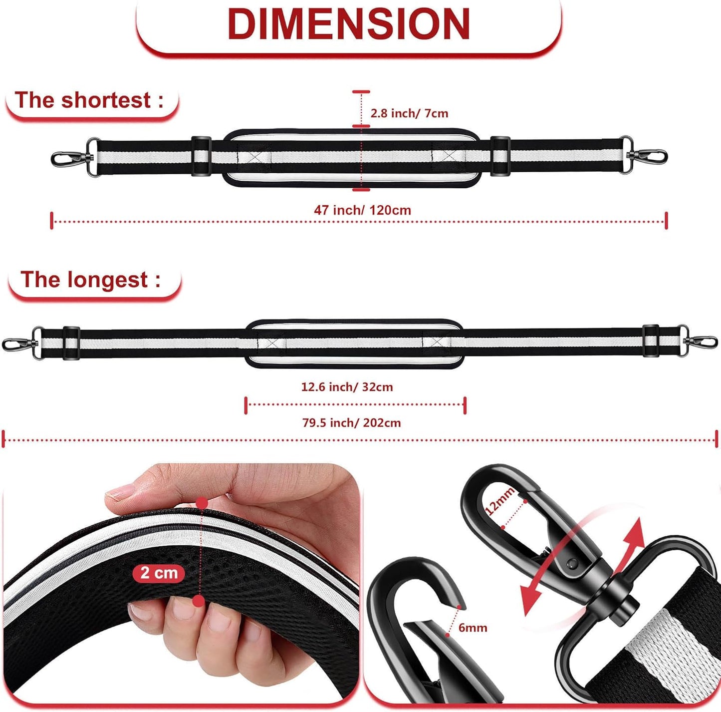 ZINZ 79.5" Universal Bag Strap with Ultra-Thick Fixed Breathable Pad Adjustable Heavy-Duty Shoulder