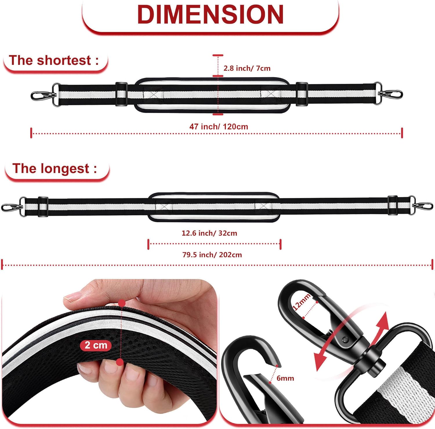 ZINZ 79.5" Universal Bag Strap with Ultra-Thick Fixed Breathable Pad Adjustable Heavy-Duty Shoulder