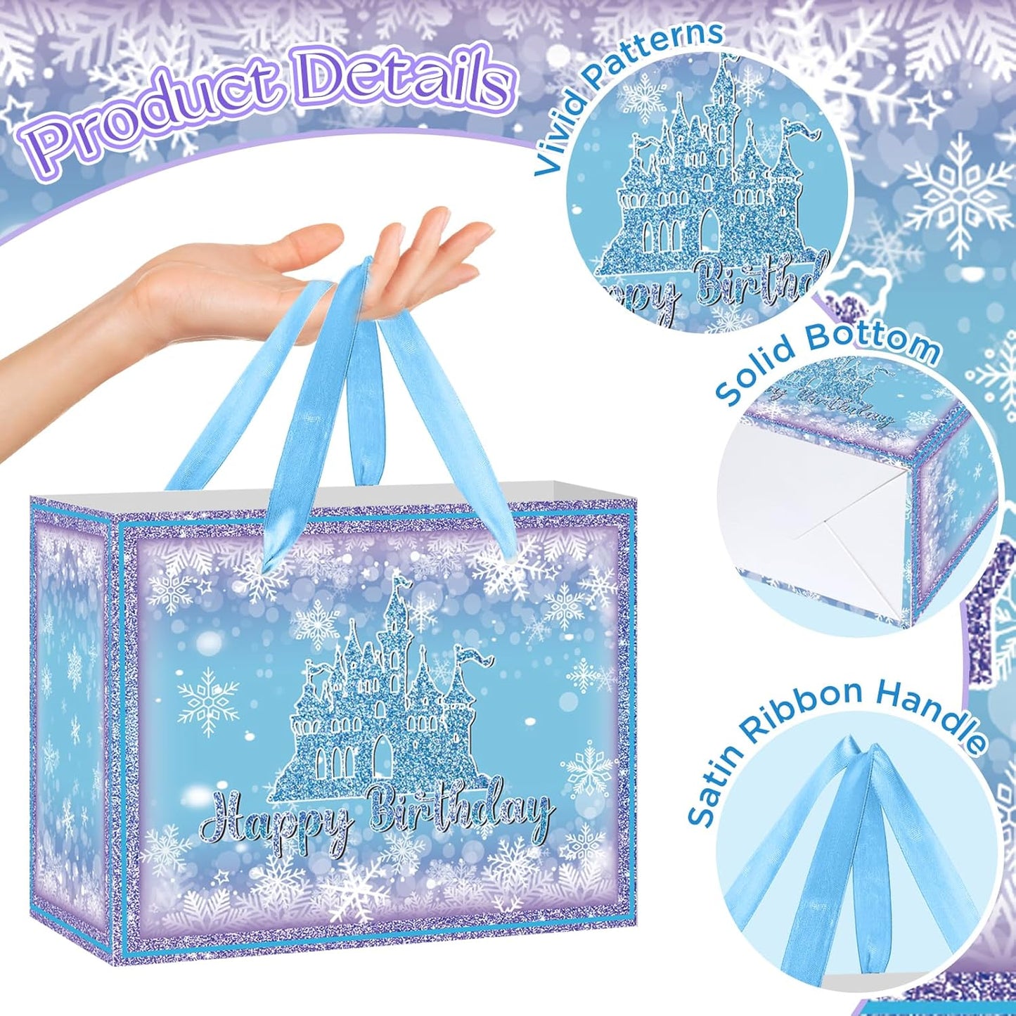 Frozen Birthday Gift Bag with Greeting Card and Tissue Paper Large Snowflake Castle Party Favor Bags Frozen Birthday Wrapping Paper Bags Treat Candy Bags with Handle for Bday Christmas Winter Gift