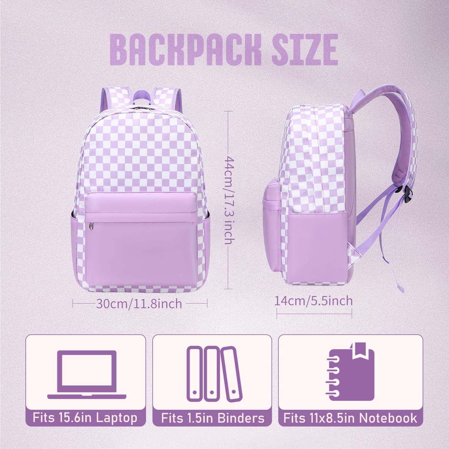 Checkered Backpack - School Backpack for Kids, Large Capacity, Waterproof, Lightweight, Black