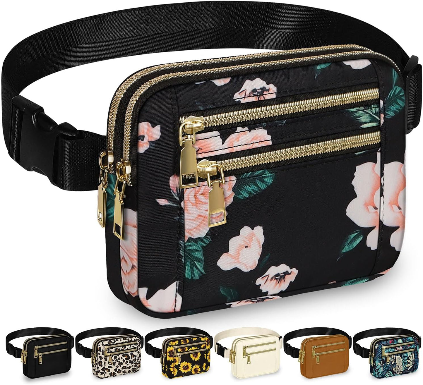 Capolo Fanny Packs for Women Fashion Waist Packs Bag with Adjustable Strap and 4 Zipper Pockets Waterproof Everywhere Crossbody Belt Bag for Workout Running Travelling(Black Flower, Large)