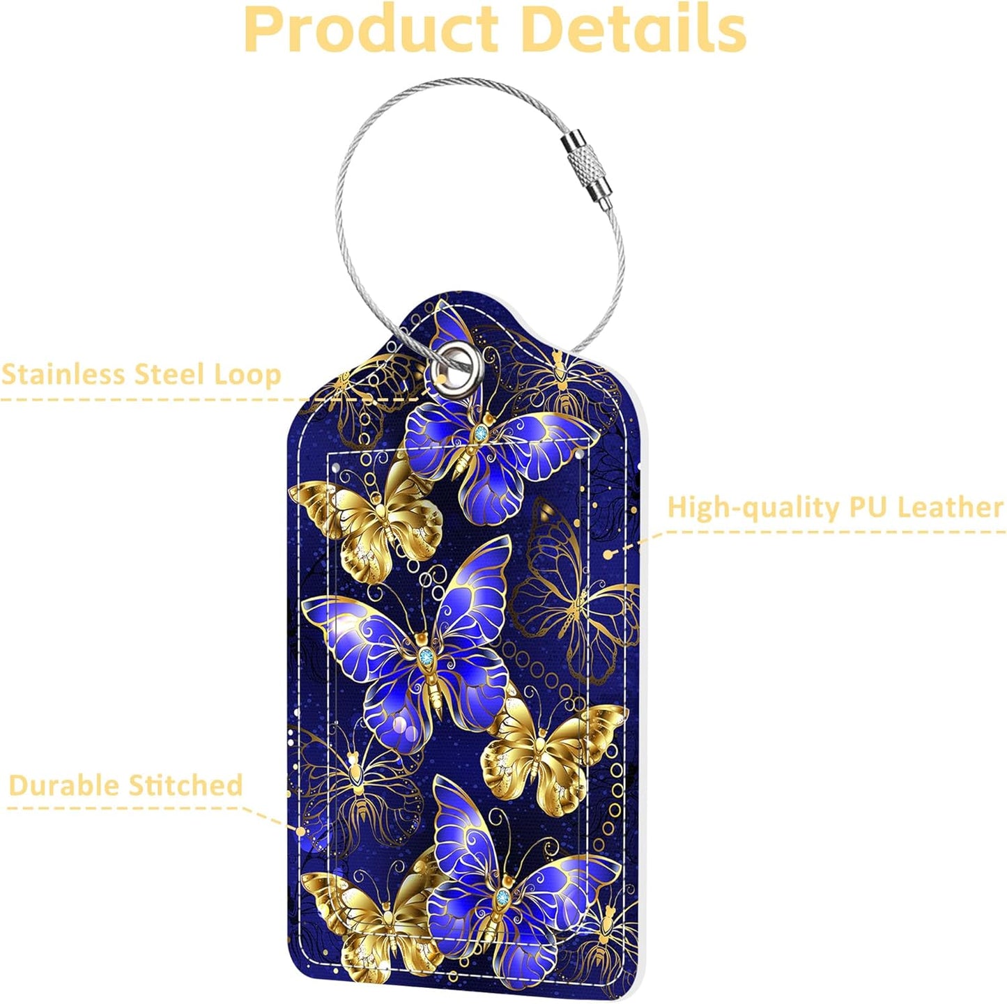 2 Pack Luggage Tags for Suitcase Sapphire and Gold Butterflies Leather Stainless Steel Loop Label Tags for Women Men Travel Bag Suitcase with Privacy Cover Name ID Card
