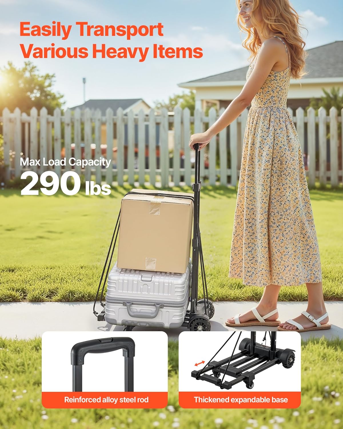 VEVOR Folding Hand Truck, 290 lbs Load Capacity, Collapsible Luggage Cart with 4 Wheels, 2 Elastic Ropes & Expandable Base, Utility Dolly Platform Cart for Airport Travel Luggage Office Moving, Black