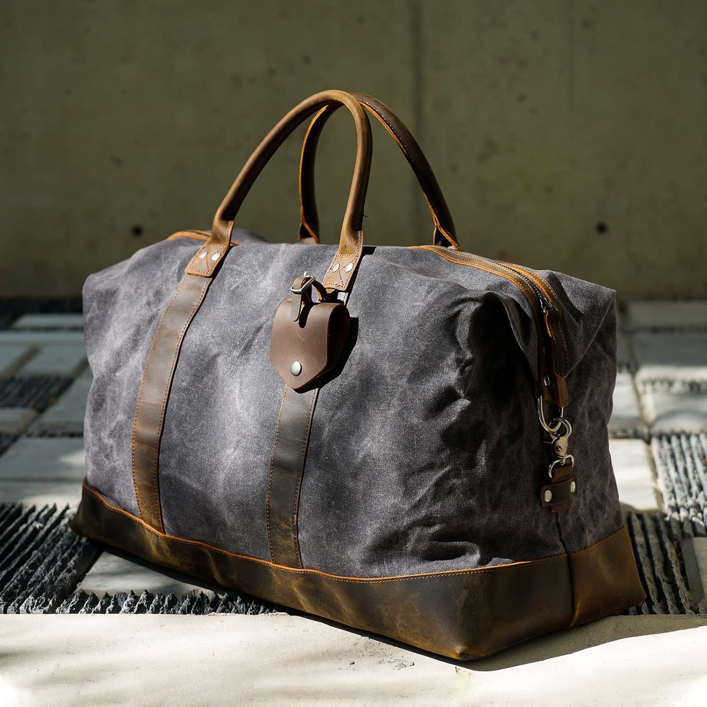 Polare 23” Waterproof Travel Duffel Bag Waxed Canvas Cowhide Leather Trim Luggage for Gym 55L Weekender Overnight Carry on Bag (Grey-23")