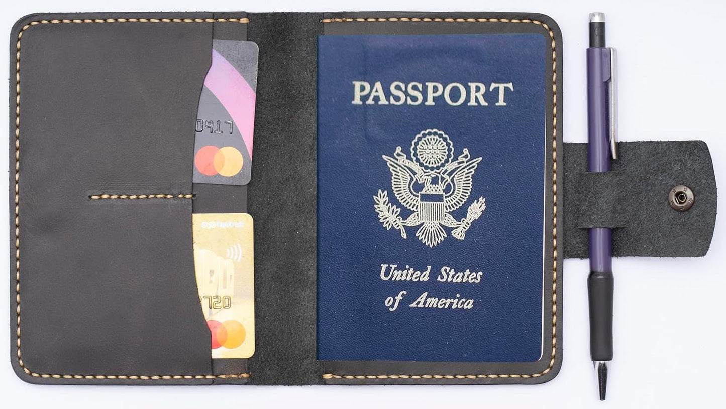 Handmade Passport Leather Case, Wallet Credit Card Holder (Dark Grey)