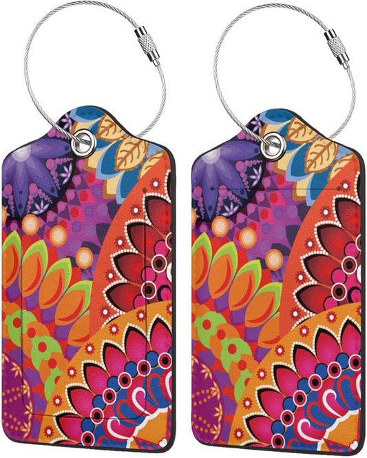 2 Pack Luggage Tag for Suitcase, Cute Leather Suitcase Tags Identifiers with Privacy Name Address Labels Durable Steel Loop for Women Men Girl Travel(Cute Mandala)