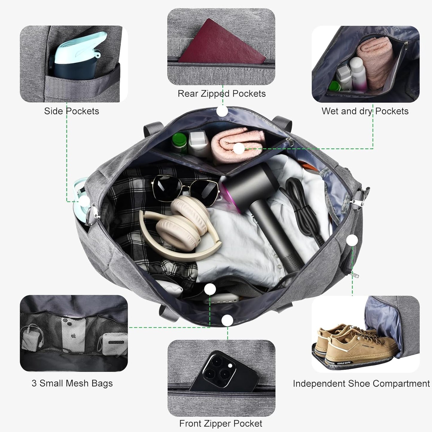 Felipe Varela 65L Duffle Bag with Shoes Compartment, Foldable Carry on Bag Travel Duffel Bags