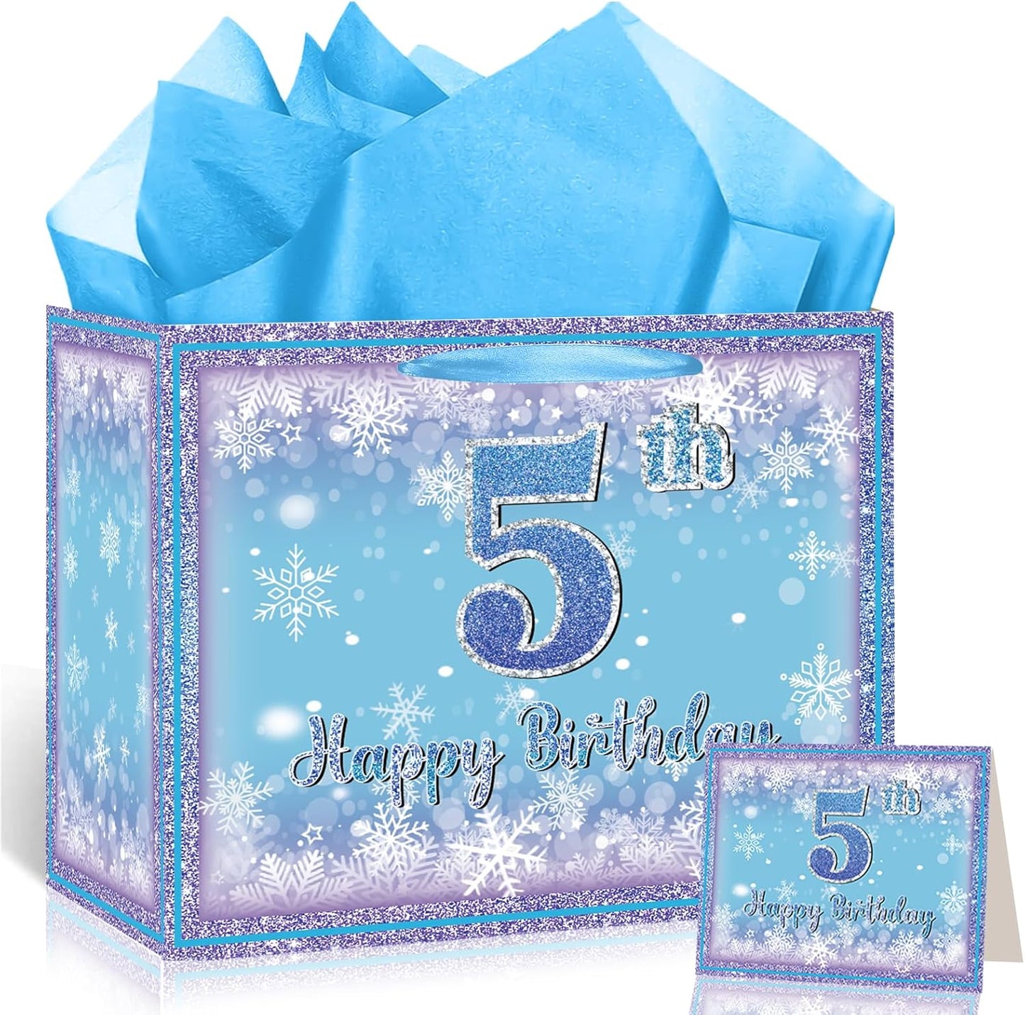 Frozen 5th Birthday Gift Bag for Girls, Large Purple Blue Snowflake Five Birthday Bags with Tissue Paper and Greeting Card Snow Frozen 5 Years Old Party Favor Bags for Girls 5th Bday Christmas Gift