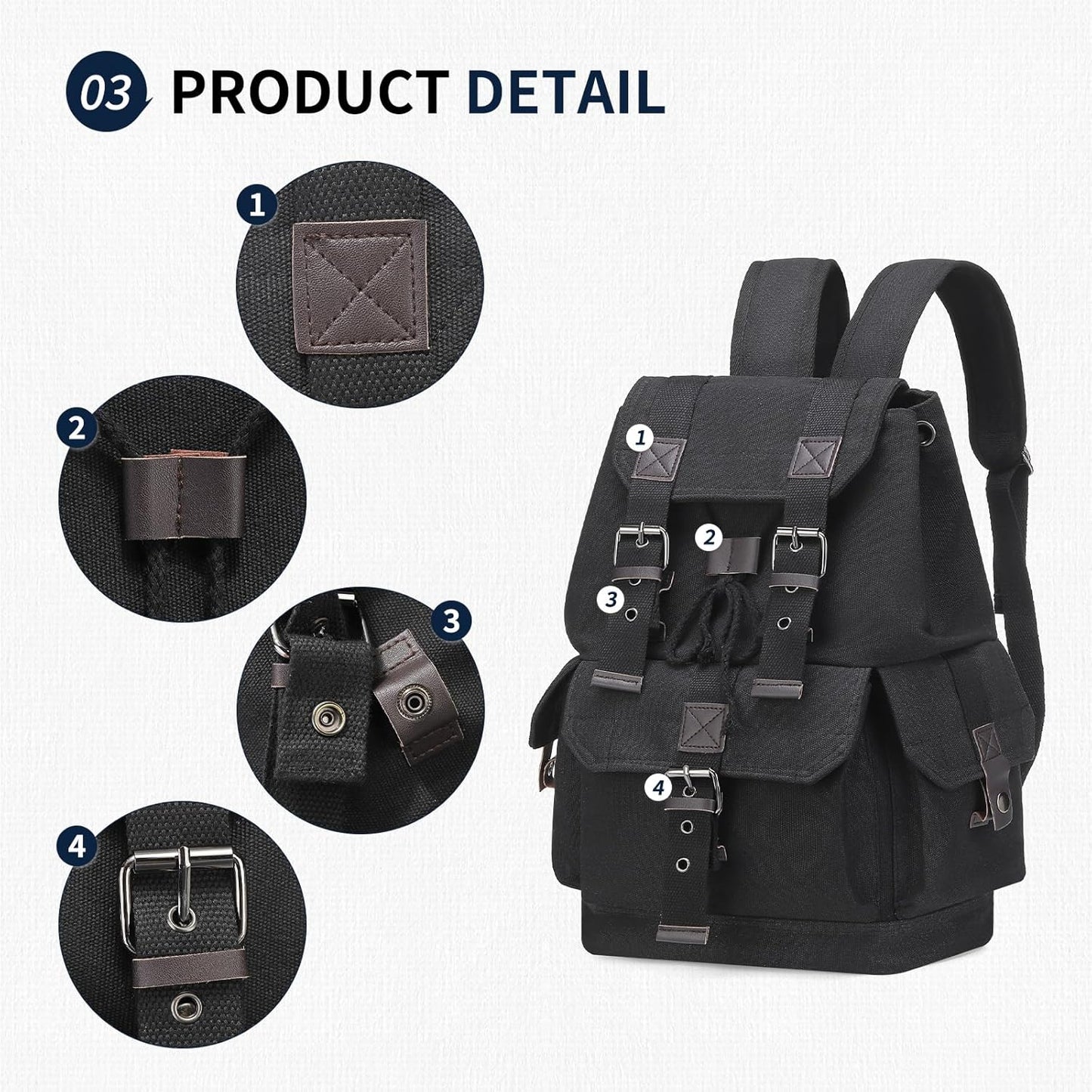 Vintage Canvas Backpack for Men Women, Durable Casual Daypack, Large Capacity Travel Rucksack Fits for Hiking and Daily Use (Black)