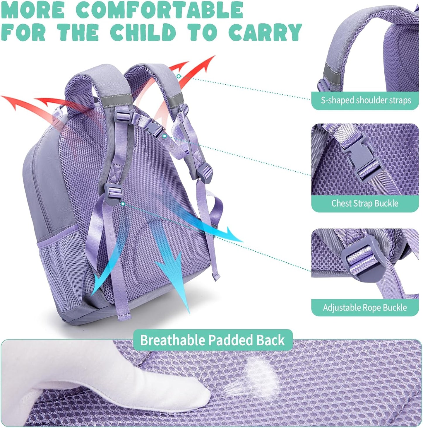 NOL Natural Organic Lifestyle Kids Backpack, School Backpacks for Teens Girls Boys, School Bookbag with Pencil Bag & Reflective Stripe for Elementary School - Light purple