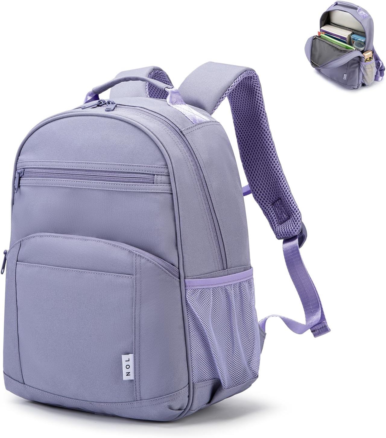 NOL Natural Organic Lifestyle Kids Backpack, School Backpacks for Teens Girls Boys, School Bookbag with Pencil Bag & Reflective Stripe for Elementary School - Light purple