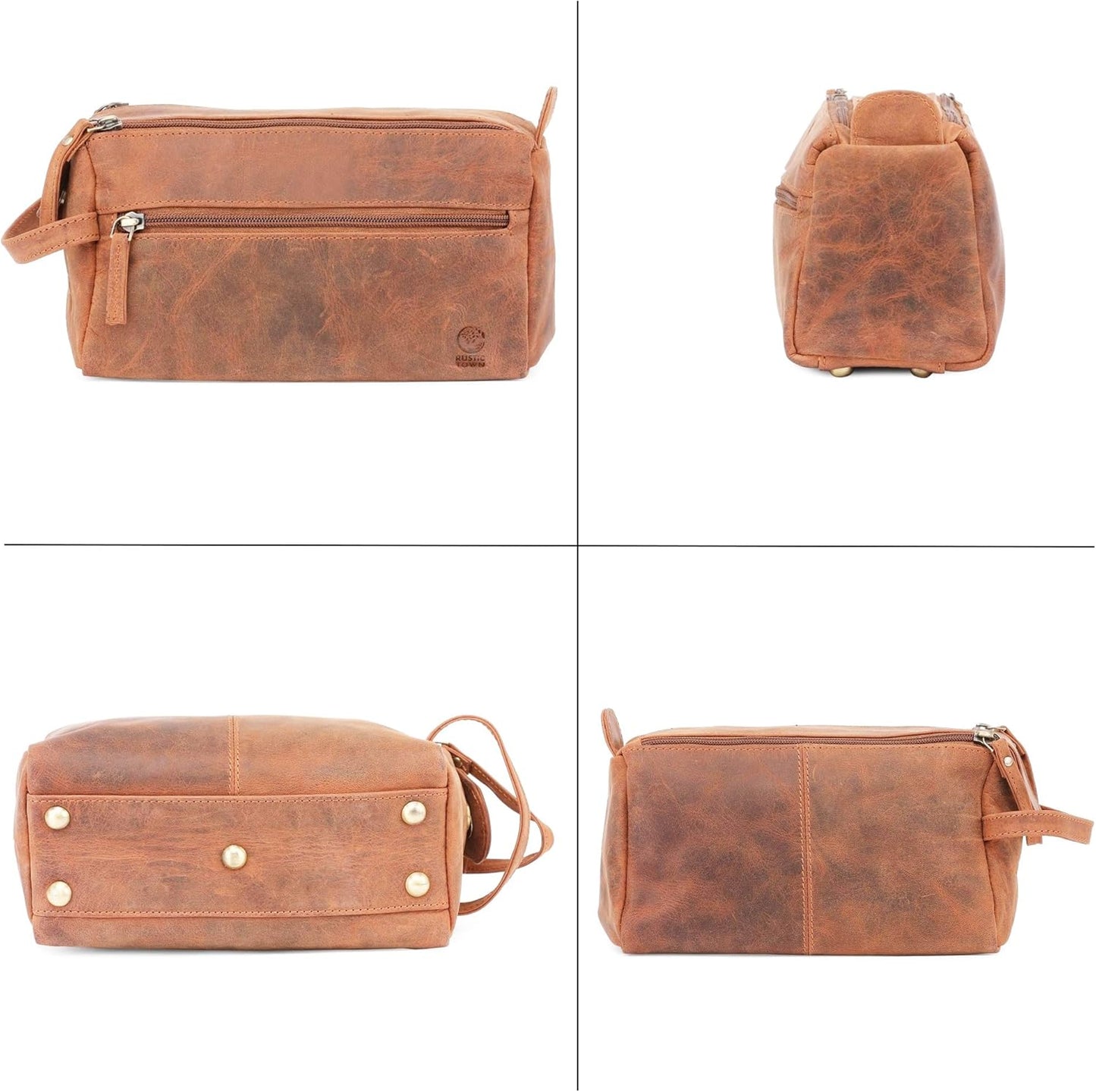 RUSTIC TOWN Buffalo Leather Toiletry Bag : Vintage Travel Shaving & Ditty Kit : for Toiletries, Cosmetics & More : Spacious Interior & Waterproof Lining : Compact, Fits Easily in Luggage