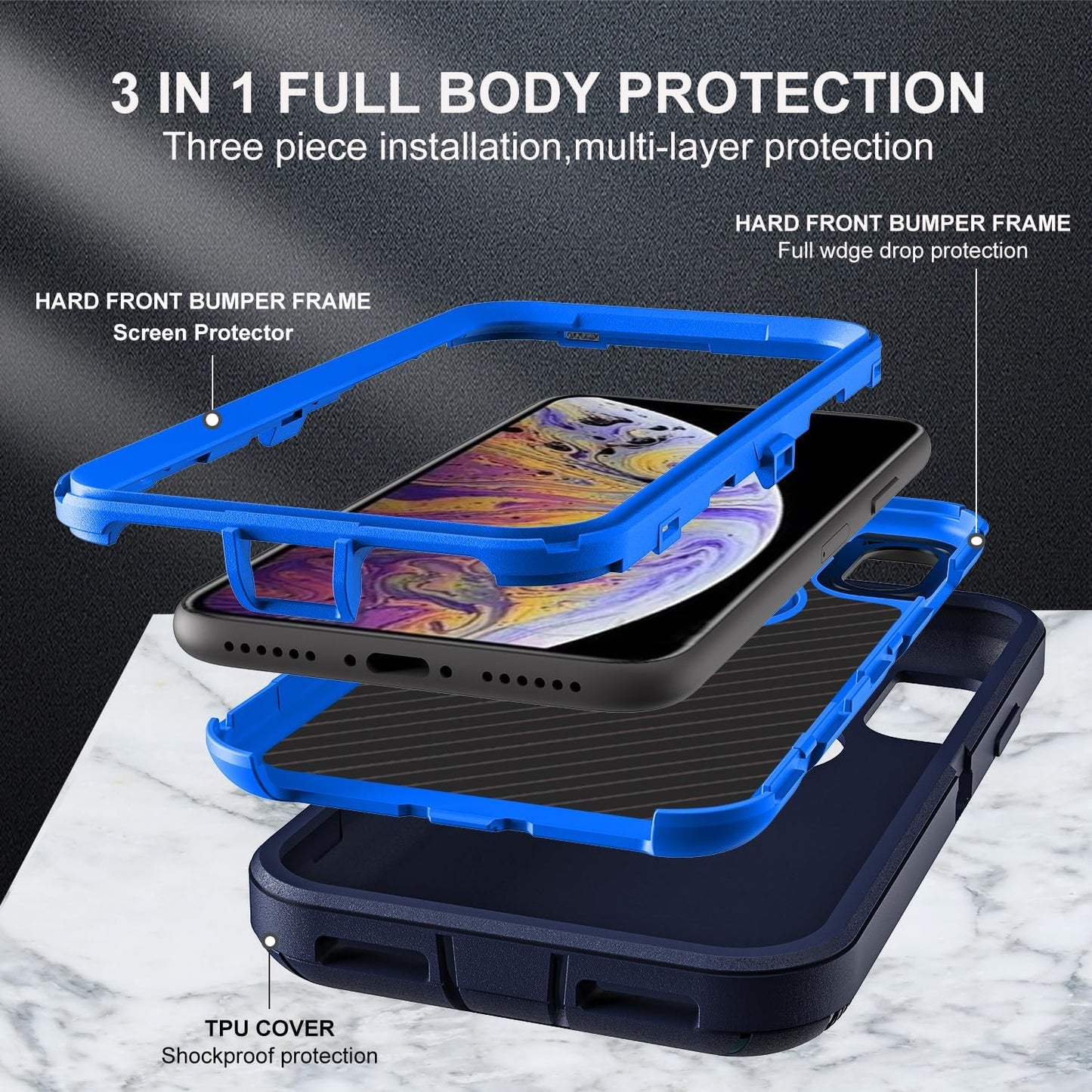 for iPhone Xs Max Case, Military Grade 3 in 1 Heavy Duty Shockproof/Drop Proof/Dust Proof Case with 2Pcs Tempered Glass Screen Protector (Navy Blue)