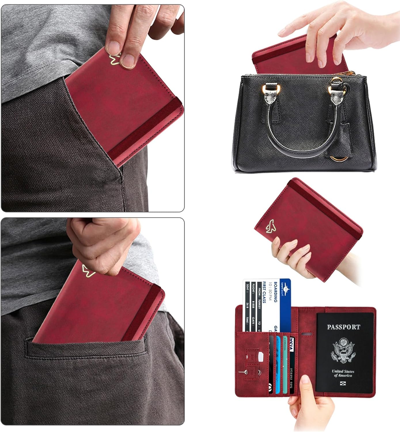 WALNEW Passport Holder for Travel, RFID Passport Cover Wallet for Women Men, PU Leather Passport Book Card Holder Case with Pen, Travelling Essentials for Flying