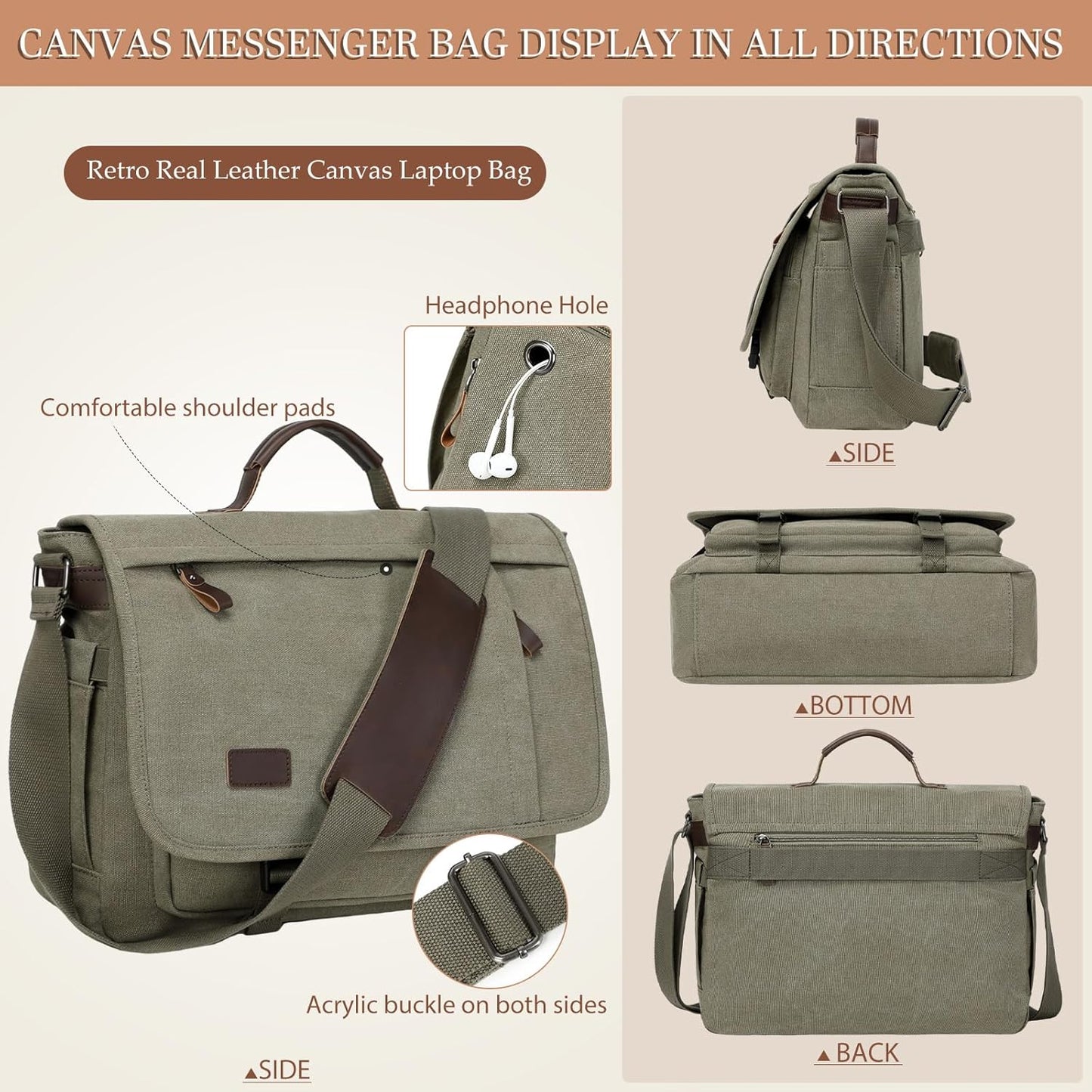 17.3 Inch Messenger Bag for Men: 2PCS Laptop Bag PU Leather Canvas Work Briefcase Large Office