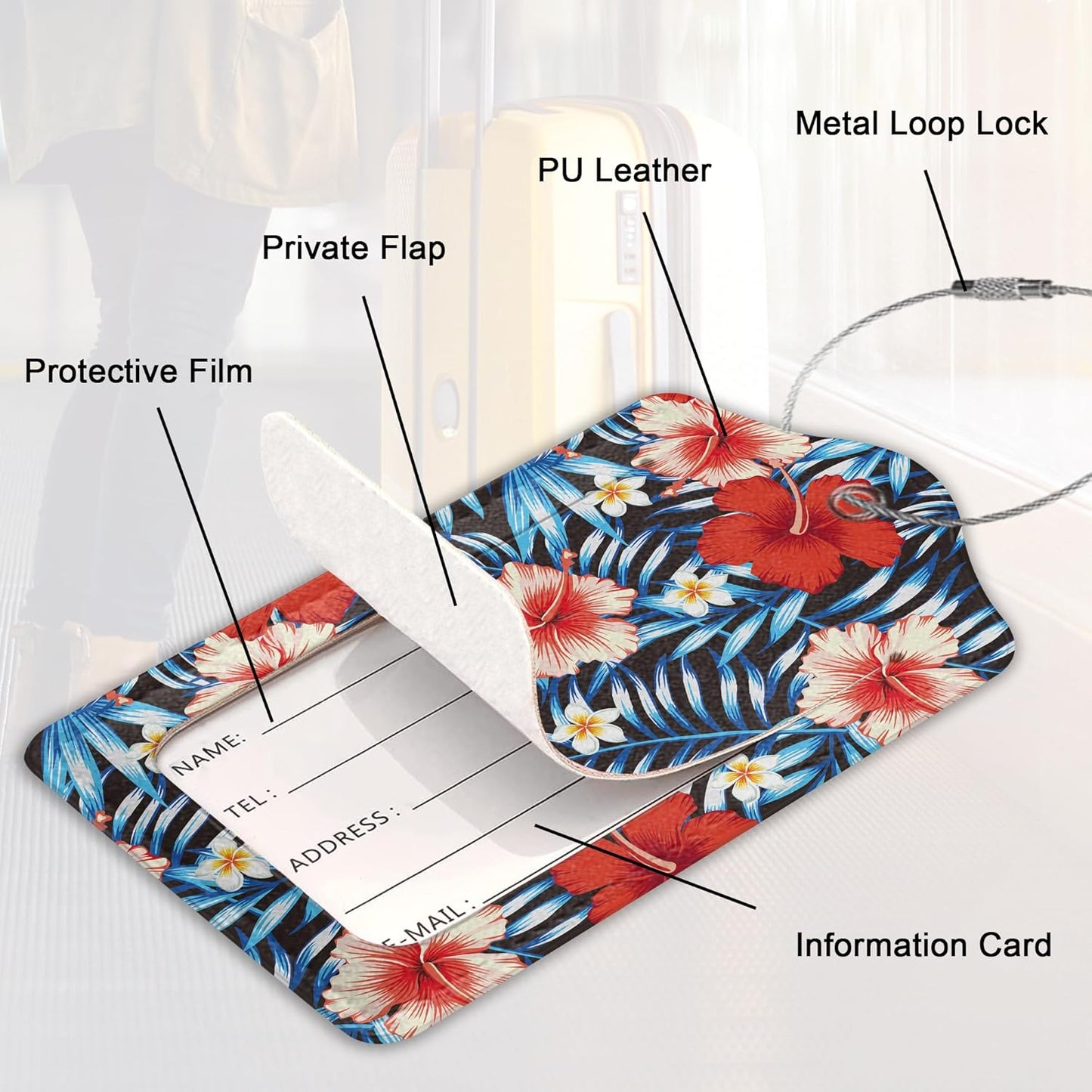 Hawaii Hibiscus Flower Luggage Tags Set of 2 Leather Luggage Tags Privacy Cover Suitcase Label with Stainless Steel Loop for Women/Men Travel,Tropical Palm Leaves