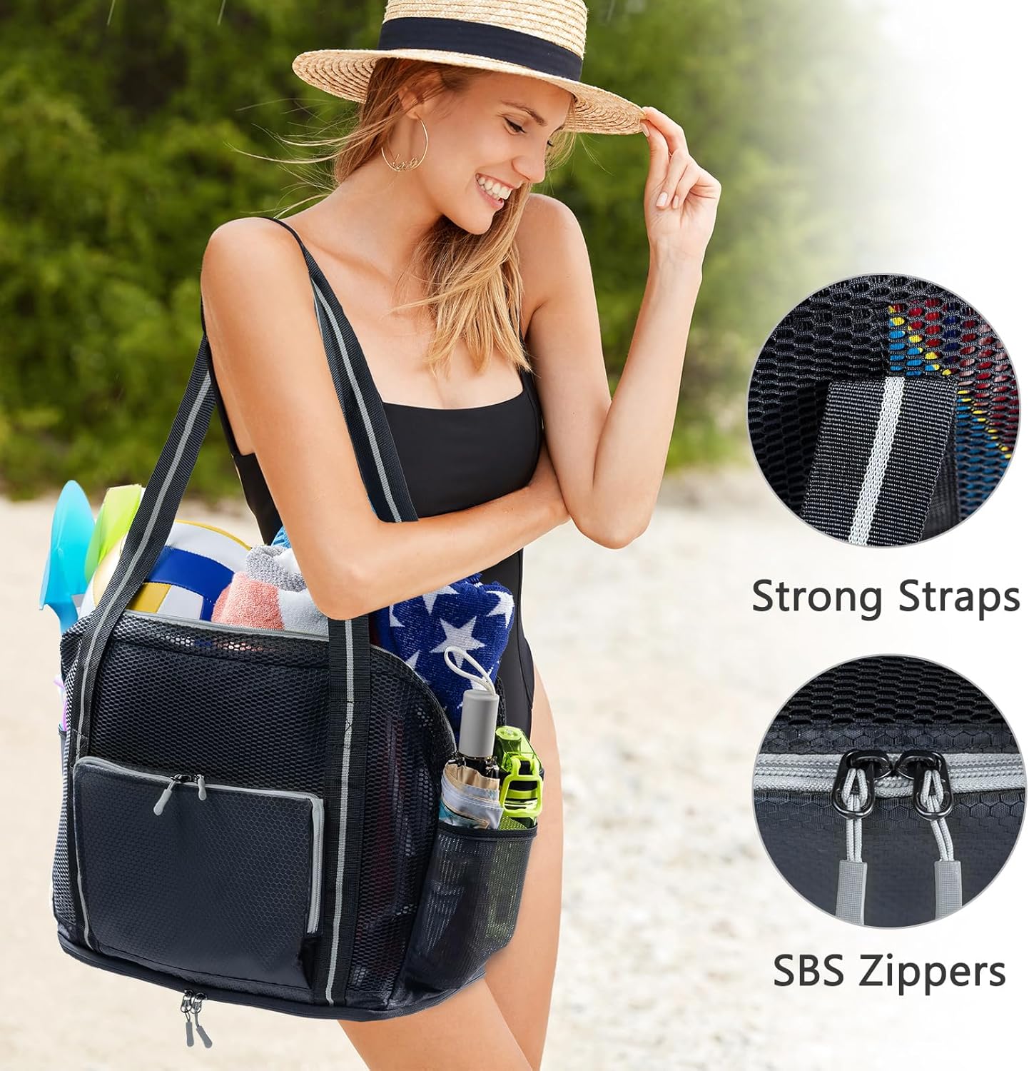 Large Mesh Beach Bag - XL Beach Tote Sandproof - Swim Bag - Large Pool Tote with Pockets for Toiletries, Towel