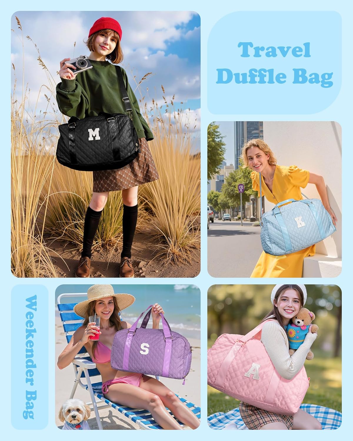 Initial Travel Duffle Bag Women Girls Gift: Personalized Weekender bags, Dance Cheer bag Sports for Girl, Kid Gymnastics Bags, Birthday Gifts for Women Girls Kids Teens Mom Teacher