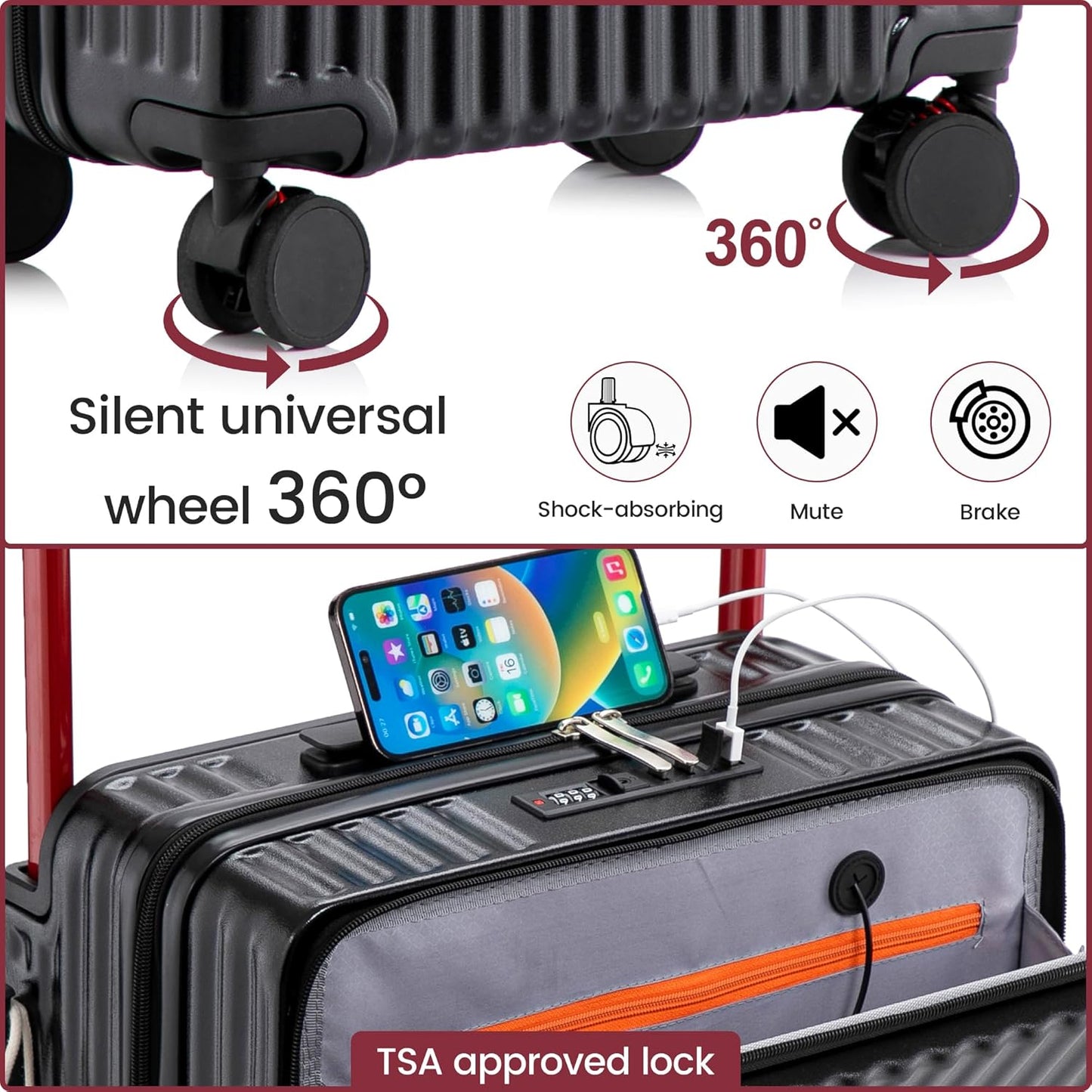 20 Inch Carry On Luggage with Spinner Wheels,PC Hard Shell Suitcase with USB Port,Lightweight Travel Luggage Airline Approved for Men Women, Black