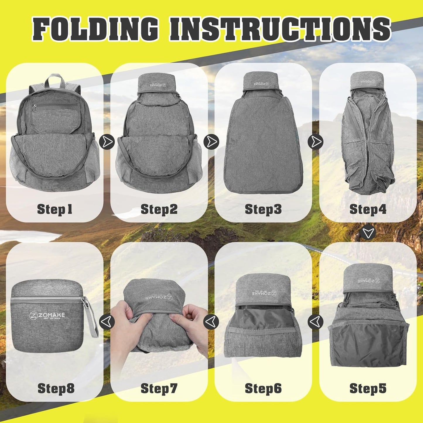 ZOMAKE 10L Lightweight Packable Hiking Backpack - Small Travel Hiking Daypack for Women Men - Tear Resistant Foldable Day Pack for Camping Outdoor Sports(Grey)