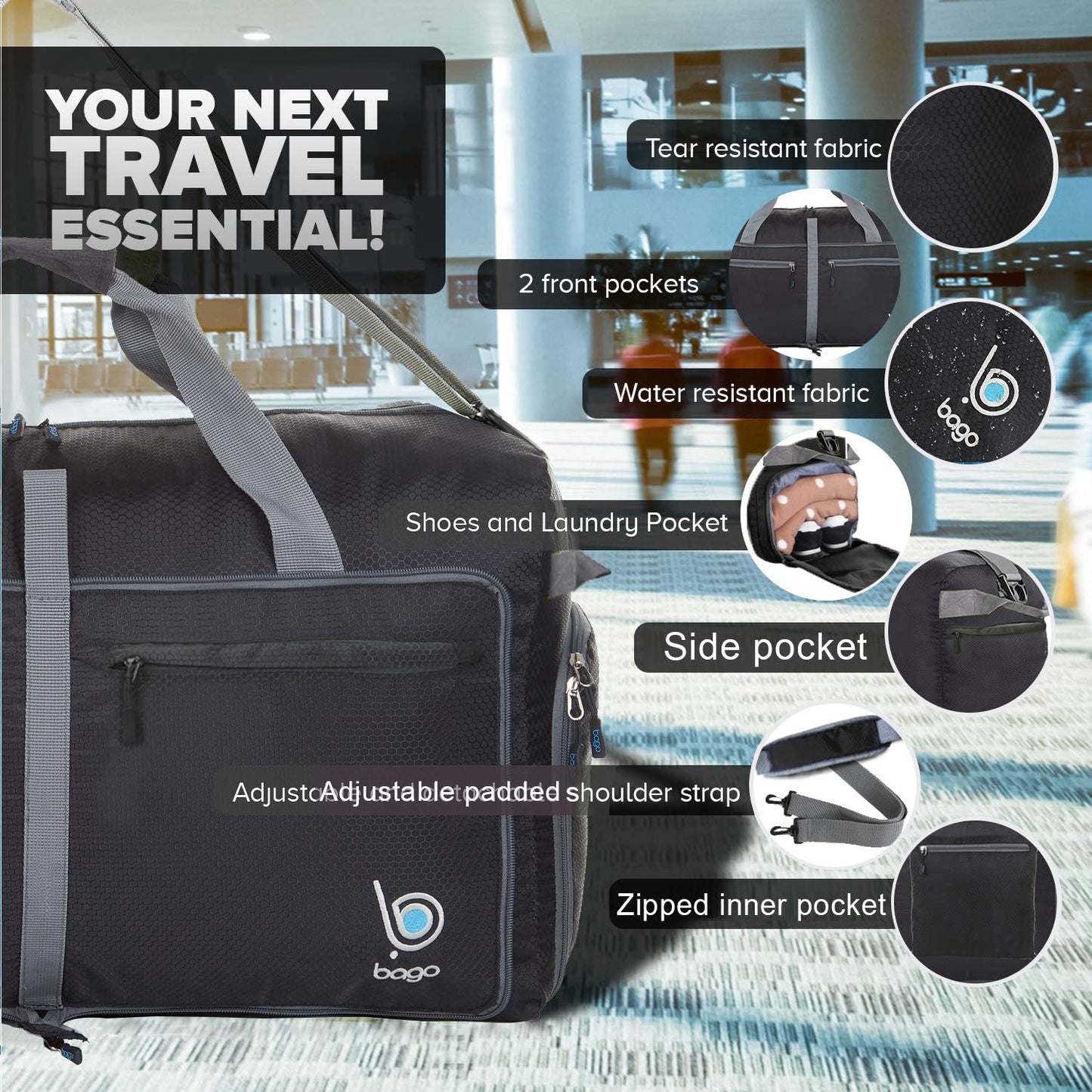 Bago Large Foldable Duffel Bags for Traveling Women & Men - 100L Packable Duffle Bag for Travel with Shoe Compartment - Water Repellant, Heavy Duty, Lightweight Folding & Collapsible (Black)