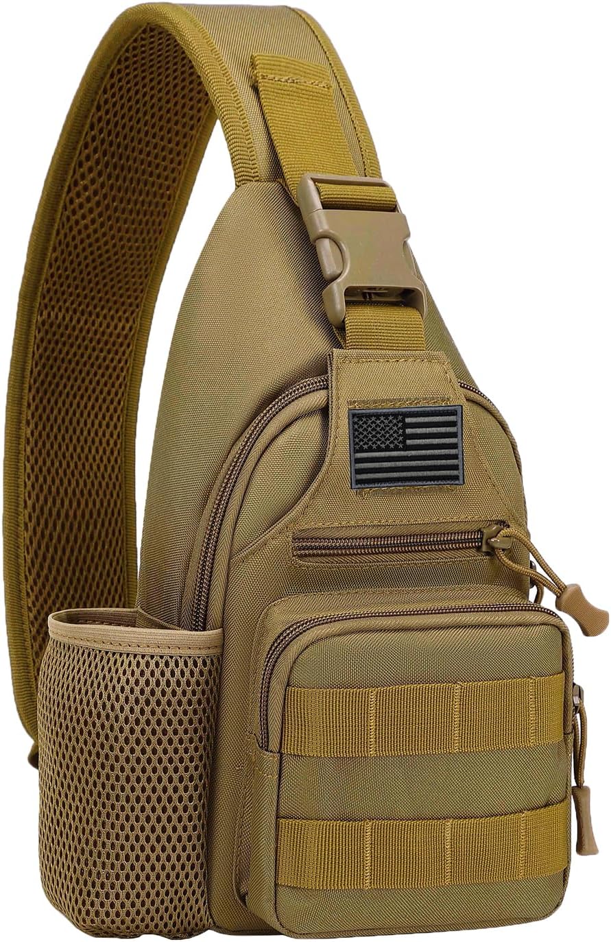 ZHIERNA Tactical Sling Crossbody Backpack with Water Bottle Holder, MOLLE EDC Shoulder Sling Chest Bags with USB Charging Port for Travel Walk(Coyote)