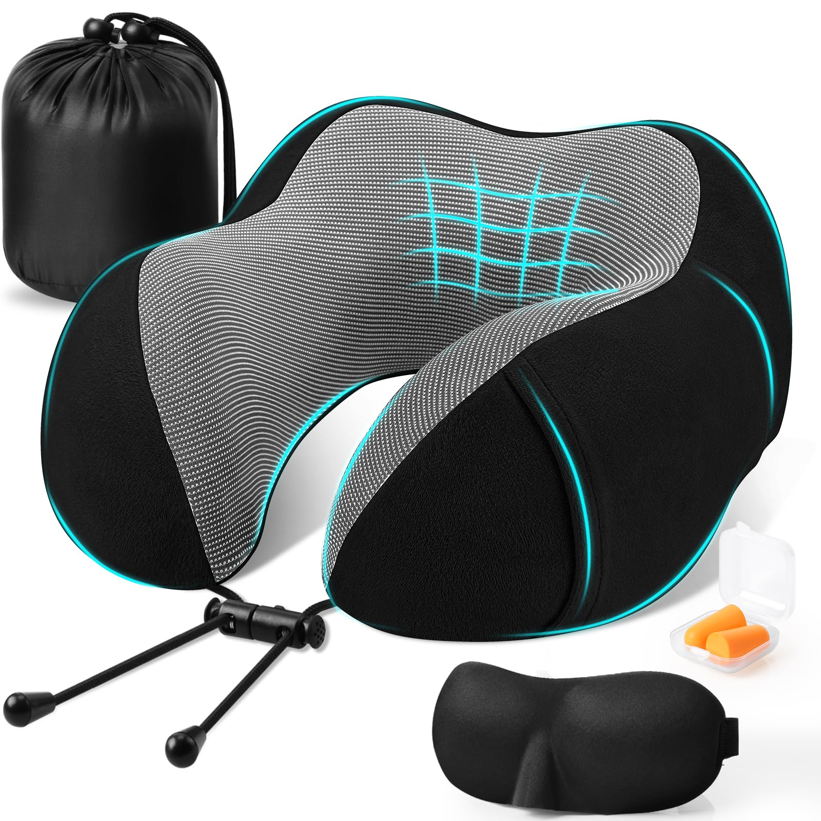 CloudBliss Neck Pillow for Airplanes, Memory Foam Travel Pillow, Black