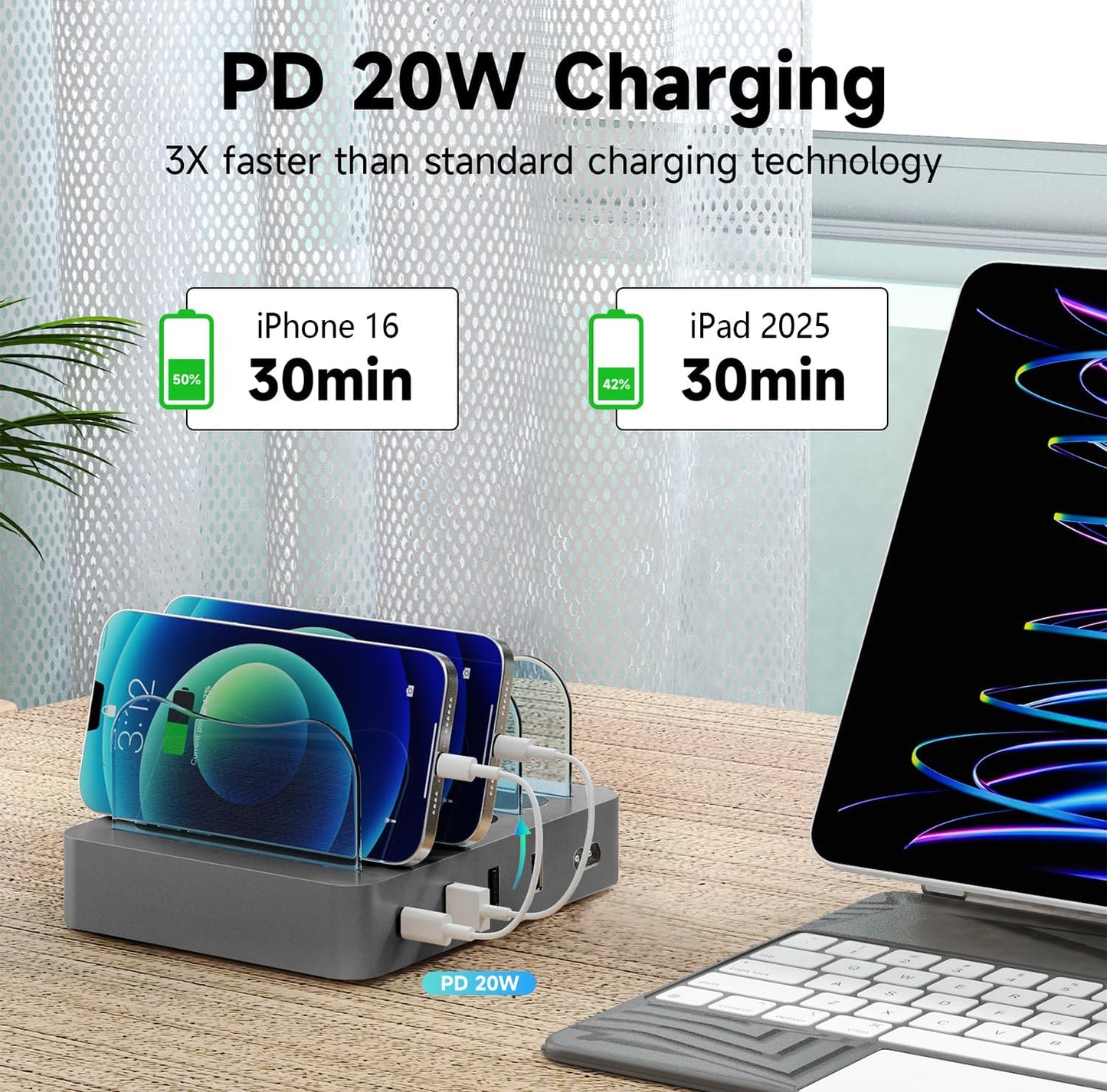 Charging Station for Multiple Devices - 4-Port 20W PD USB-C Charger for iPhone iPad Smartphones Tablets,Universal Compatibility, Detachable Baffle Design