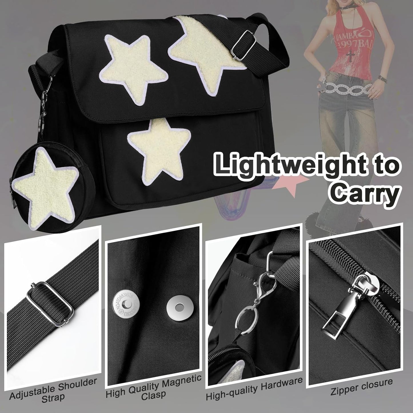 Y2K Messenger Bag for Women, Lightweight Spacious Stars Tote Purse with Cute Coin Purse, Crossbody Shoulder Bag