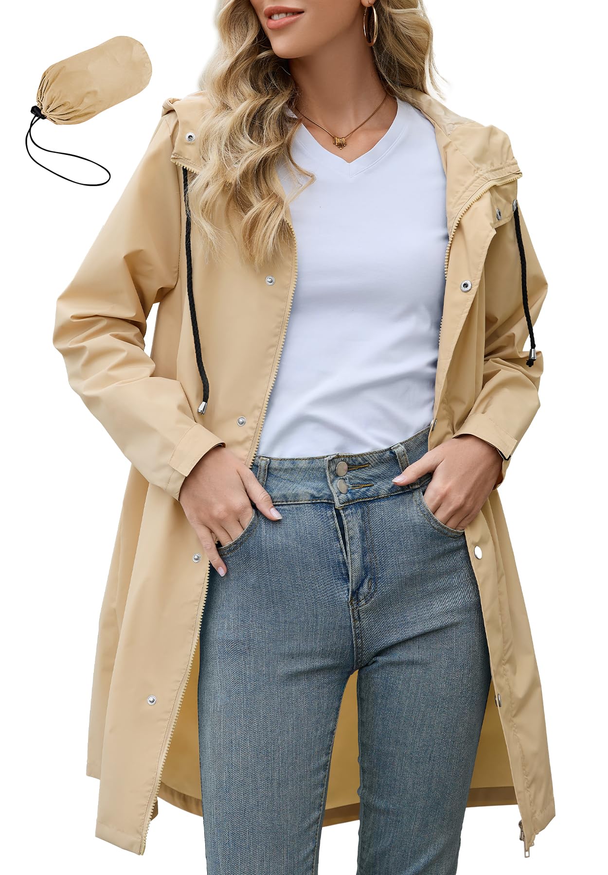 Zando Packable Rain Jacket Women Lightweight Travel Raincoat Khaki XL